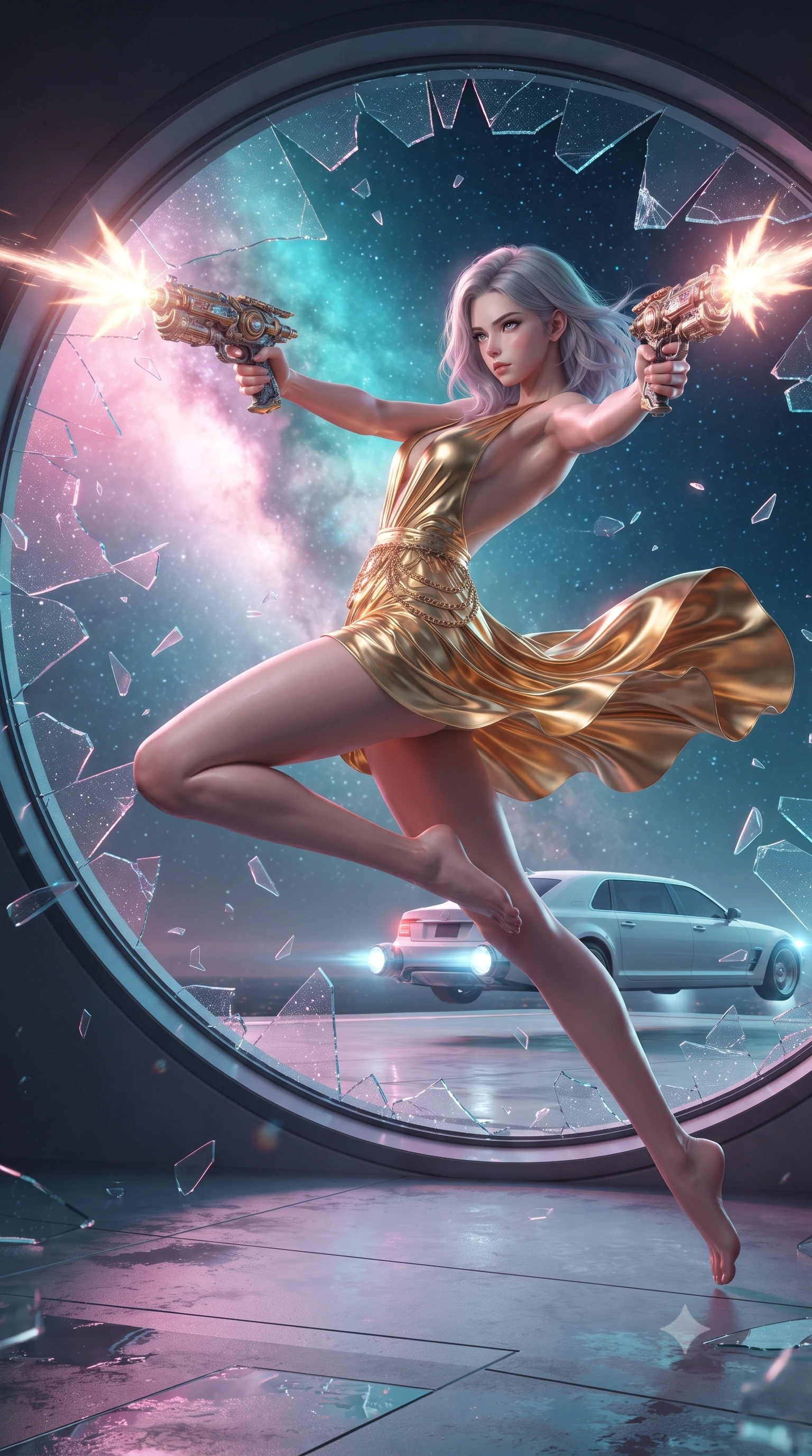 score_9, masterpiece, best quality, ultra-detailed, high-budget anime keyframe, editorial fashion photography, tasteful artistic composition, realistic cosplay photography, Caucasian woman, strictly human ears. low angle full-body shot from head to toe showing her feet, filling the entire 9:16 vertical frame with her statuesque presence, stretching her vertical silhouette. diving sideways through a breaking glass window while shooting her plasma blasters inside a circular launching pad on top of a luxury hotel, a sleek white hover-limousine preparing to lift off. She has a statuesque 8.5-heads proportion, an exceptionally tall, slender and willowy model-like build with impossibly long legs and a highly sculpted ultra-slim waist. sharp v-shaped jawline, high-bridge nose, intricate jewel-like eyes with depth, thick eyelashes, glossy lips with a natural sheen. wearing the lightweight fabric rippling and billowing dramatically with her movement, a form-contouring liquid gold mini dress with a dramatic open back and a plunging neckline, detailed with gold chains at the waist. starlight and nebula glow casting soft cosmic pink and cyan highlights on her form. ultra-reflective glossy finish, specular highlights, metallic sheen, high-contrast stereoscopic depth, volumetric dynamic lighting, 2k, ultra detail, master piece, 9:16 ratio