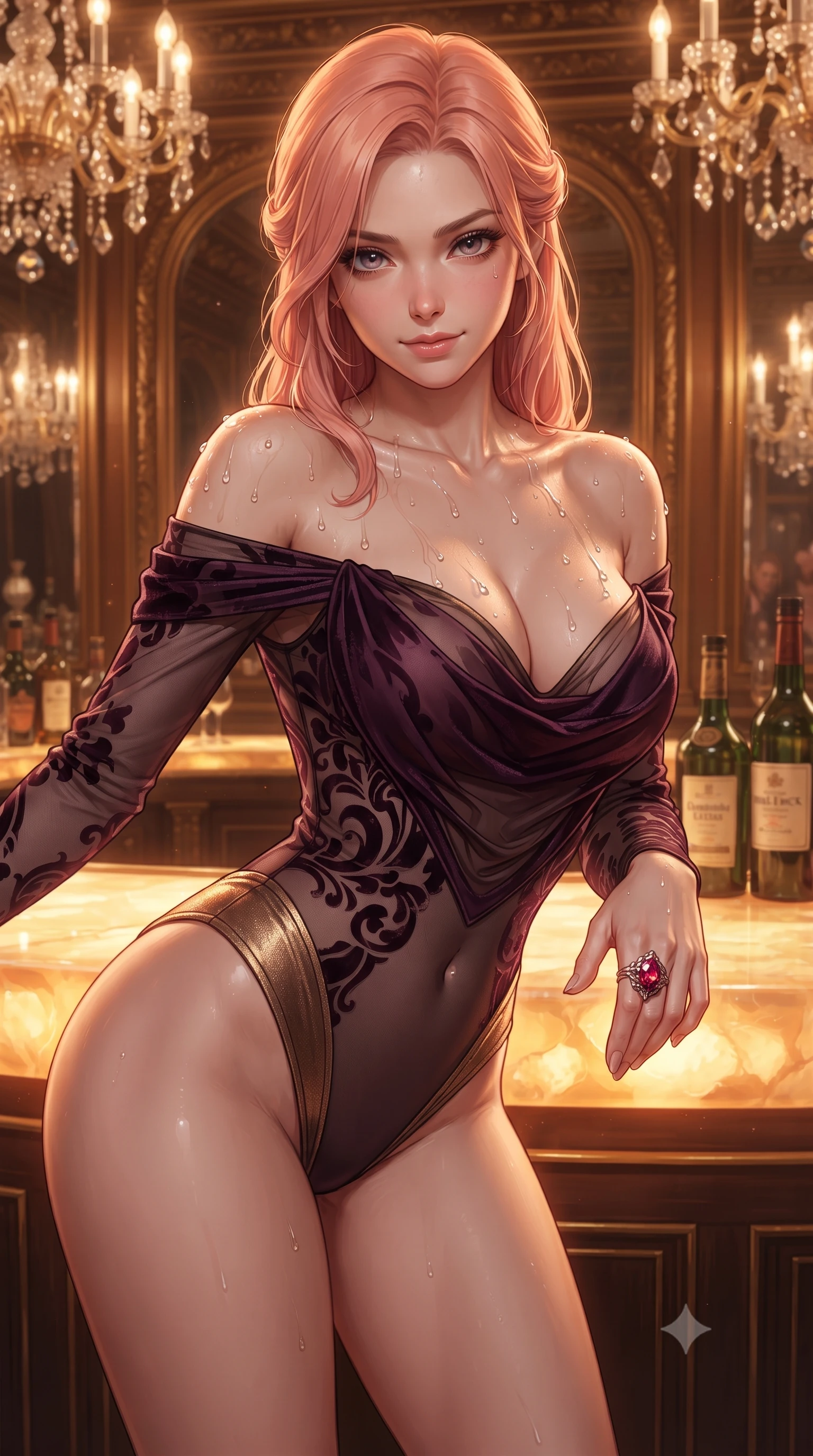 score_9, masterpiece, best quality, ultra-detailed, high-budget anime keyframe, editorial fashion photography, tasteful artistic composition, Japanese woman. close-up cowboy shot from the waist and thighs up, the character dominates the composition, filling the frame with her large presence. leaning forward while arching her lower back to accentuate her curvy hips, looking into the camera with an intoxicating smoldering gaze and bedroom-eyes while leaning against the glowing honey-onyx private bar with hips cocked back, arching her lower back with magnetic high-roller allure. The surrounding environment is rendered in vivid detail and crisp panoramic clarity: detailed plunging cowl-neck silk gown cling, ruby ring shine, and opulent Belle Époque craftsmanship in high resolution. She has an exceptionally elegant, slender, and willowy female figure with an ultra-slim waist, flat toned midriff, narrow ribcage, and sculpted feminine hips creating an alluring, slim hourglass silhouette without bulk. sharp v-shaped jawline, high-bridge nose, sparkling eyes with hypnotic seductive depth, thick curled eyelashes, glossy parted lips with a natural dewy peach sheen, alluring bedroom-eyes with an enchanting coquettish smile, exuding magnetic siren charisma and sophisticated glamour, flawlessly proportioned anatomical accuracy, strict slender model proportions, natural body alignment, perfectly sculpted long slender limbs, ultra-slim waistline, clean dynamic posture without body distortion. wearing an off-the-shoulder sheer-illusion mesh bodysuit with strategic velvet flocking and high-cut leg openings in rich dark plum violet and gilded bronze, tailored from fine structural neoprene with crisp architectural edges and smooth contouring, finished with glistening drops of pool water beading across her sculpted shoulders and collarbones, the high-slit wrap tailoring accentuating her ultra-slim waistline and the enchanting curve of her feminine hips with alluring seductive charm. illuminated by chandelier reflections and sharp warm-amber rim lights defining her delicate clavicles, ultra-slim waist, and curvy hips. ultra-reflective glossy finish, specular highlights, rich textural contrasts, high-contrast stereoscopic depth, volumetric dynamic lighting, 2k, ultra detail, master piece, 9:16 ratio