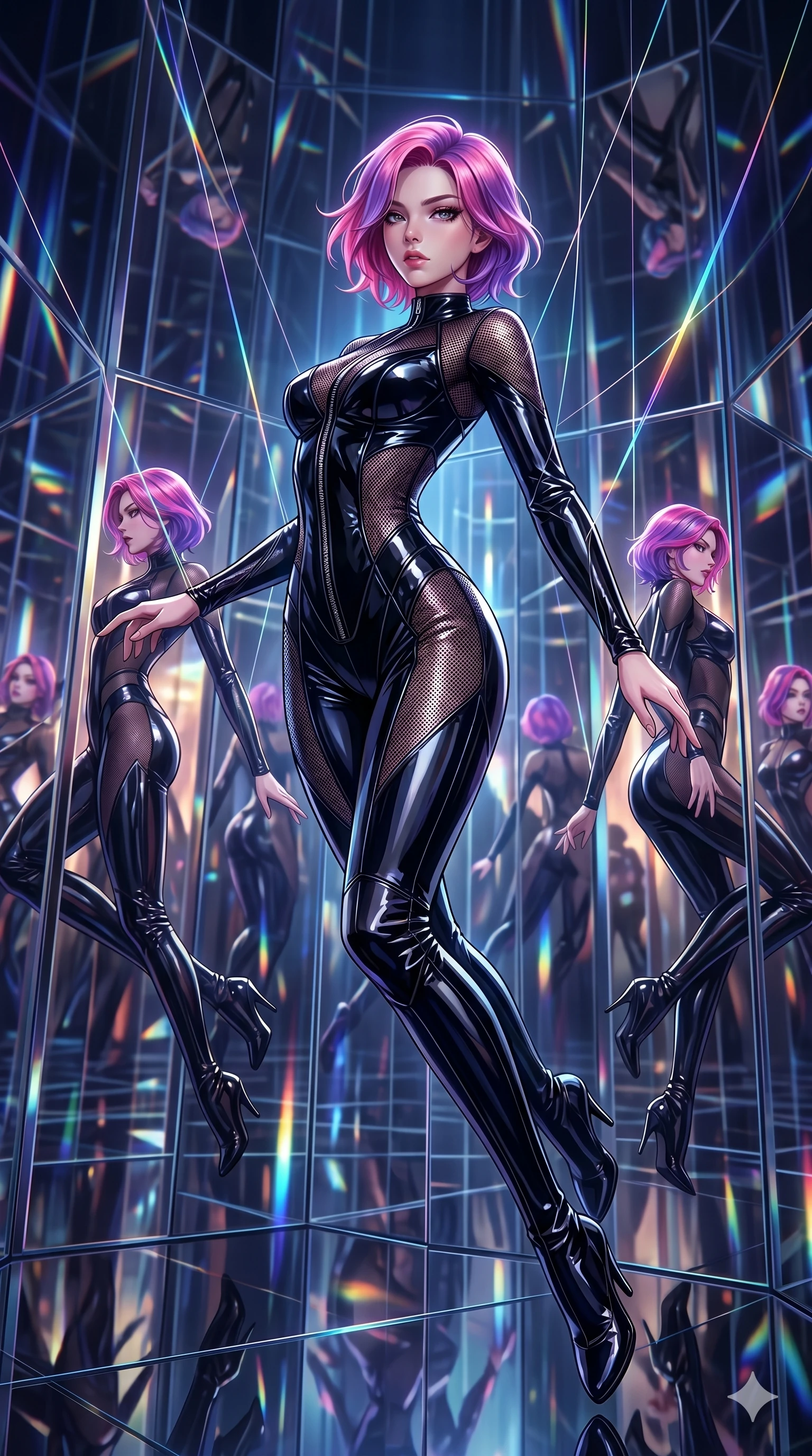 score_9, masterpiece, best quality, ultra-detailed, High-budget Anime Keyframe, East Asian woman. Dynamic full-body shot stretching the vertical silhouette to the limit. Scenario 46: Suspended by invisible silk threads in a hall of mirrors. Her presence is magnetic and overpowering in this high-budget anime scene. Outfit 46: A patent leather mesh with a unzipped detail and wet-look texture. The clothing is designed to emphasize her exceptionally tall and slender 8-heads proportion. 8-heads proportion, towering silhouette, ultra-slim waist. sharp v-shaped jawline, intricate jewel-like eyes with depth, thick eyelashes, glossy lips. 2k, ultra detail, master piece, 9:16 ratio