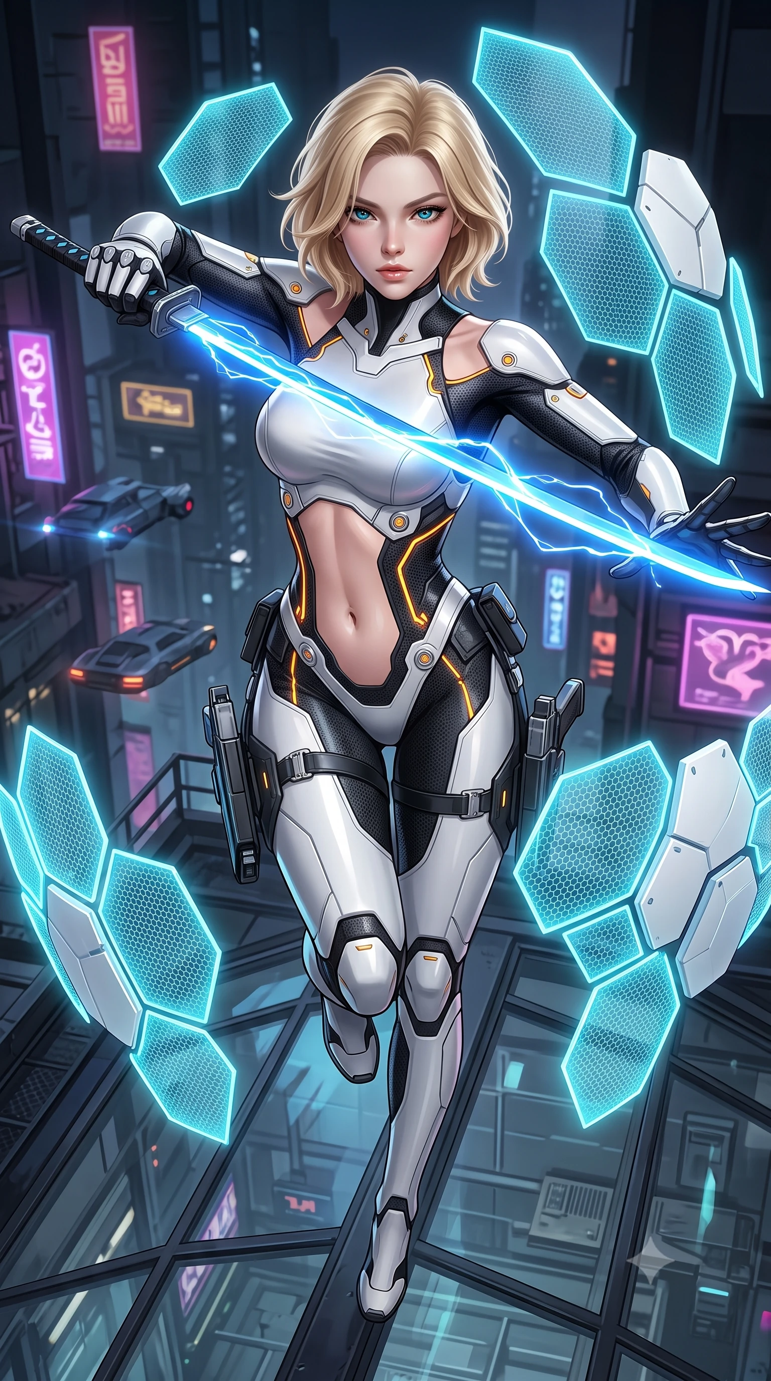 score_9, masterpiece, best quality, ultra-detailed, high-budget anime keyframe, semi-realistic 3D game render, editorial fashion photography, tasteful artistic composition, Caucasian woman. close-up cowboy shot from the waist and thighs up, the character dominates the composition, filling the frame with her large presence. gazing forward with divine sovereign poise, captivating jewel-like eyes shining with transcendent focus while holding her weapon with effortless mastery while leaping gracefully across a rooftop glass skylight with plasma katana extended, creating a brilliant arc of electric light. The surrounding environment is rendered in vivid detail and crisp panoramic clarity. high-contrast tactical chiaroscuro and atmospheric cyberpunk urban textures captured with precision. She has an exceptionally elegant, slender, and willowy female figure with an ultra-slim waist, a gracefully sculpted slender torso, toned flat midriff, and a refined slim silhouette. sharp v-shaped jawline, high-bridge nose, intricate jewel-like eyes with depth, thick eyelashes, glossy lips with a natural sheen, flawlessly proportioned anatomical accuracy, strict slender model proportions, natural body alignment, perfectly sculpted long slender limbs, ultra-slim waistline, clean dynamic posture without body distortion. wearing a high-contrast monochrome white-and-black carbon-composite exoskeleton suit with glowing amber circuitry, deploying floating hexagonal holographic energy shields with sovereign grace in glacial ice-cyan carbon mesh with pure white armor plates, tailored from flexible second-skin carbon-mesh that clings flawlessly to her athletic curves, detailed with magnetic weapon holsters and polished chrome connection clasps, the precision-cut daring openings accentuating her delicate midriff, graceful bare collarbones, and ultra-slim feminine waistline. illuminated by crisp white key lighting with sharp specular highlights tracing her sculpted carbon armor curves. rich saturated anime colors with glowing neon highlights, detailed shading with soft gradients, rich glossy textures, high-contrast stereoscopic depth, volumetric dynamic lighting, master piece, 9:16 ratio
