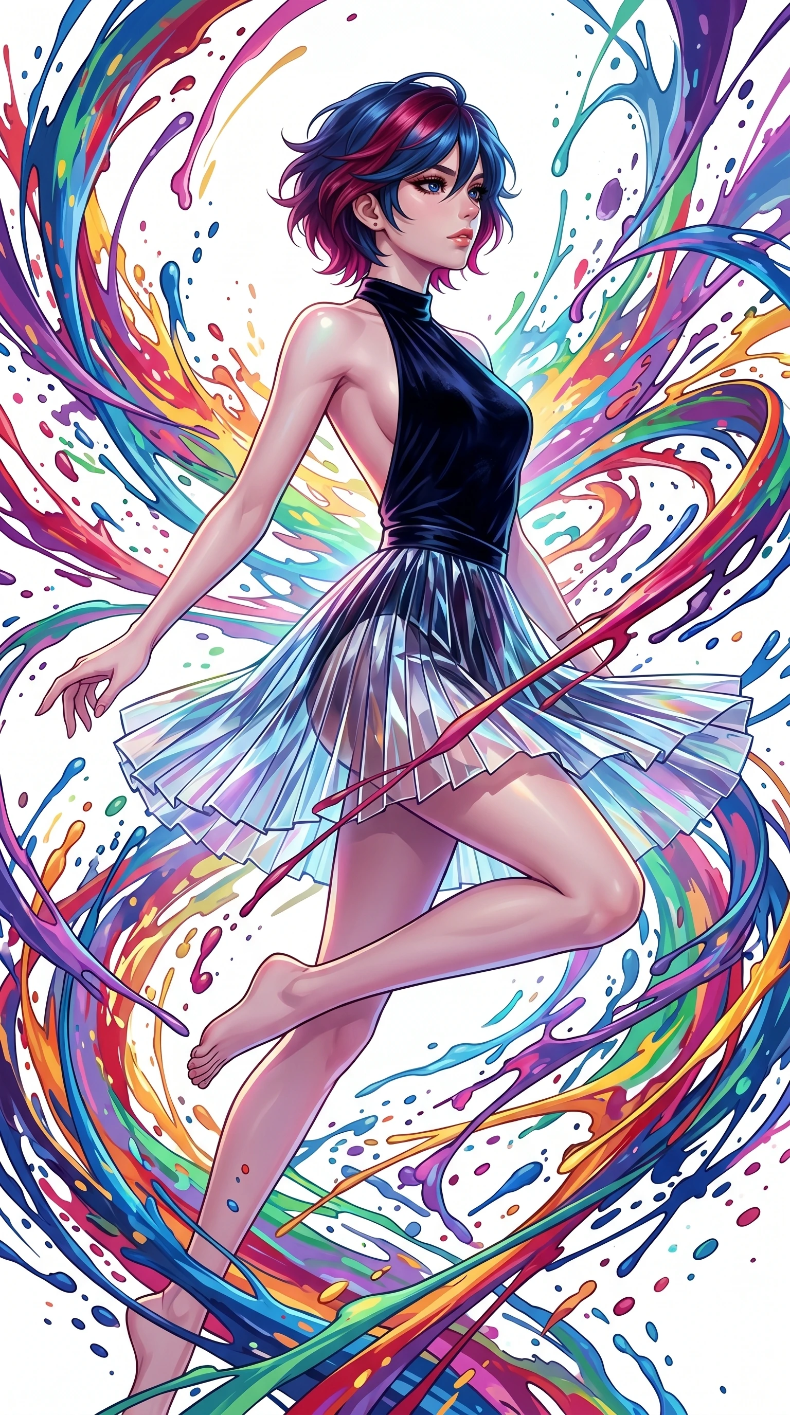 score_9, masterpiece, best quality, ultra-detailed, high-budget anime keyframe, Caucasian woman, strictly human ears. upper body close-up from the thighs up, character filling the screen for maximum presence. leaping into a vorticist paint splatter dimension where thousands of vivid acrylic paint ribbons and splatters swirl around her in a white gallery void. She has an absolutely perfect 8-heads proportion, an exceptionally tall and slender female figure with impossibly long slender legs and an ultra-slim waist. V-shaped jawline, high-bridge nose, intricate jewel-like eyes with depth, thick eyelashes, glossy lips with a natural sheen.. wearing a fractal glass pleated skirt and a backless black velvet halter neck top, creating a dramatic and elegant silhouette. enhanced by a luminous pastel spectrum glow, casting elegant rim lights on her shoulders and jawline. 2k, ultra detail, master piece, 9:16 ratio
