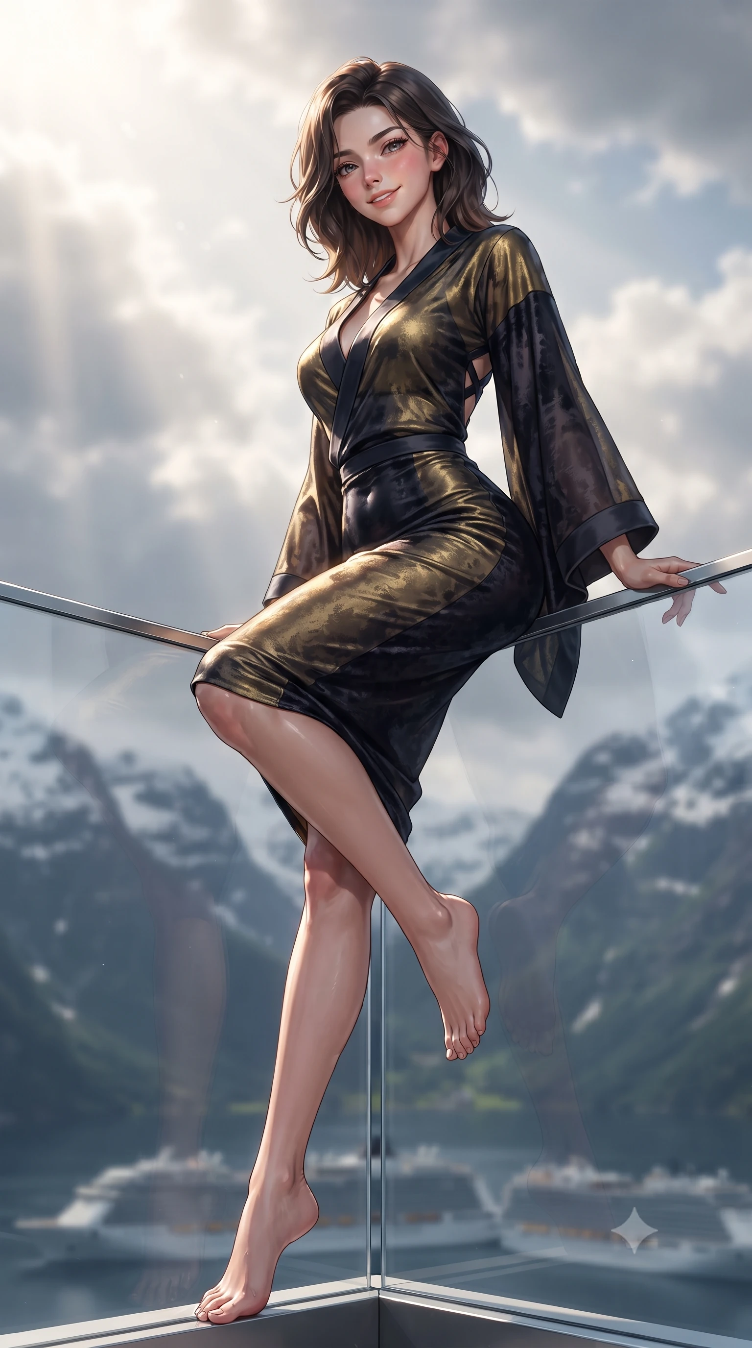 score_9, masterpiece, best quality, ultra-detailed, high-budget anime keyframe, semi-realistic 3D game render, editorial fashion photography, tasteful artistic composition, Korean woman. low angle full-body shot from head to toe showing her feet, filling the entire 9:16 vertical frame with her statuesque presence, stretching her vertical silhouette. sitting perched on the elevated edge with hips angled toward the camera and legs crossed, displaying her toned midriff and flawlessly sculpted slender limbs while leaning against the frameless structural glass balustrade with hips cocked, looking down at passing cruise ships with a sovereign smile. The composition keeps background elements in soft focus with creamy bokeh. snow-dusted mountain peaks and passing clouds softened in breathtaking Scandinavian shallow focus. She has an exceptionally tall and slender model-like 8.5-heads proportion, an ultra-slim waist, a flat toned midriff, narrow delicate ribcage, and beautifully sculpted feminine hips creating a graceful, slim hourglass silhouette without any bulky heaviness, with impossibly long slender legs. sharp v-shaped jawline, high-bridge nose, intricate jewel-like eyes with depth, thick eyelashes, glossy parted lips with a natural sheen, intensely captivating and seductive bedroom-eyes expression, flawlessly proportioned anatomical accuracy, strict slender model proportions, natural body alignment, perfectly sculpted long slender limbs, ultra-slim waistline, clean dynamic posture without body distortion. wearing a delicate semi-translucent silk yukata that clings to her wet skin and curvy hip contours in midnight obsidian black and liquid gold, crafted from heavyweight crushed silk velvet with liquid vintage luster, finished with criss-cross back satin straps highlighting her graceful shoulder blades, the second-skin form-contouring cut accentuating her sculpted flat midriff, narrow delicate ribcage, and gracefully curvy hips with supermodel precision. bathed in dramatic Scandinavian late afternoon sunbeams breaking through high alpine clouds. highly saturated vibrant anime colors, detailed shading with soft gradients, rich glossy textures, high-contrast stereoscopic depth, volumetric dynamic lighting, master piece, 9:16 ratio
