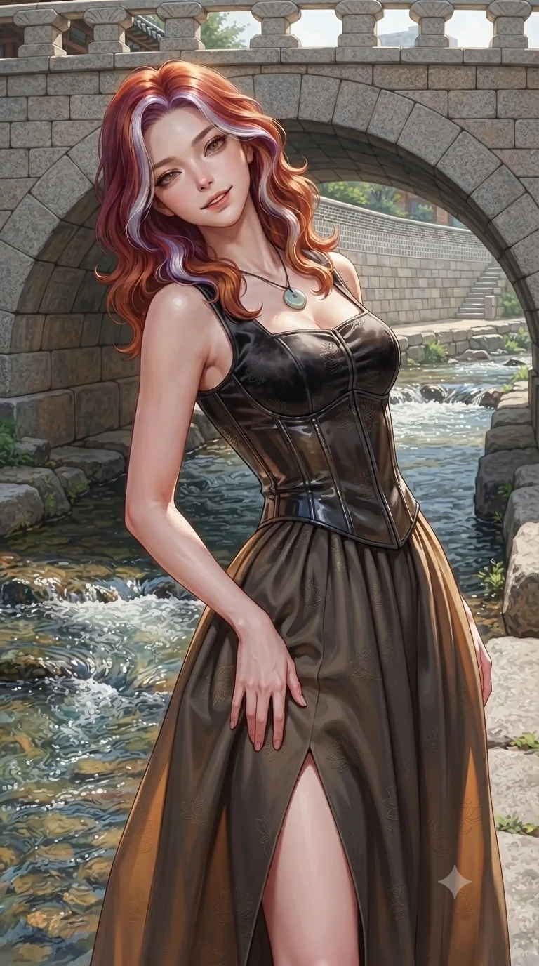 score_9, masterpiece, best quality, ultra-detailed, high-budget anime keyframe, editorial fashion photography, tasteful artistic composition, Caucasian woman. close-up cowboy shot from the waist and thighs up, the character dominates the composition, filling the frame with her large presence. tilting her head with a teasing half-smile, running one hand slowly down the side of her hip in a flirtatious S-curve as ambient light caresses her silhouette while standing poised on the arched granite bridge above the bubbling stream, arching her back with breathless fairy-tale allure. The surrounding environment is rendered in vivid detail and crisp panoramic clarity: detailed wet-look vinyl bustier tailoring, sheer chiffon wrap trousers, and traditional stone masonry in razor-sharp precision. She has an exceptionally elegant, slender, and willowy female figure with an ultra-slim waist, flat toned midriff, narrow ribcage, and sculpted feminine hips creating an alluring, slim hourglass silhouette without bulk. sharp v-shaped jawline, high-bridge nose, sparkling eyes with hypnotic seductive depth, thick curled eyelashes, glossy parted lips with a natural dewy peach sheen, alluring bedroom-eyes with an enchanting coquettish smile, exuding magnetic siren charisma and sophisticated glamour, flawlessly proportioned anatomical accuracy, strict slender model proportions, natural body alignment, perfectly sculpted long slender limbs, ultra-slim waistline, clean dynamic posture without body distortion. wearing a tailored silk velvet hanbok corset top paired with an ankle-length fluid chima skirt with a thigh-high slit in smoked agarwood charcoal and warm honey amber, tailored from rich silk jacquard with subtle embossed lotus blossom patterns, finished with a minimalist celadon porcelain pendant on a fine silk cord, the bespoke structured tailoring following the natural line of her 8.5-heads silhouette with refined elegance. illuminated by stream water bounce and sharp golden-amber rim lights sculpting her razor-sharp jawline, narrow waist, and curvy hips. ultra-reflective glossy finish, specular highlights, rich textural contrasts, high-contrast stereoscopic depth, volumetric dynamic lighting, 2k, ultra detail, master piece, 9:16 ratio