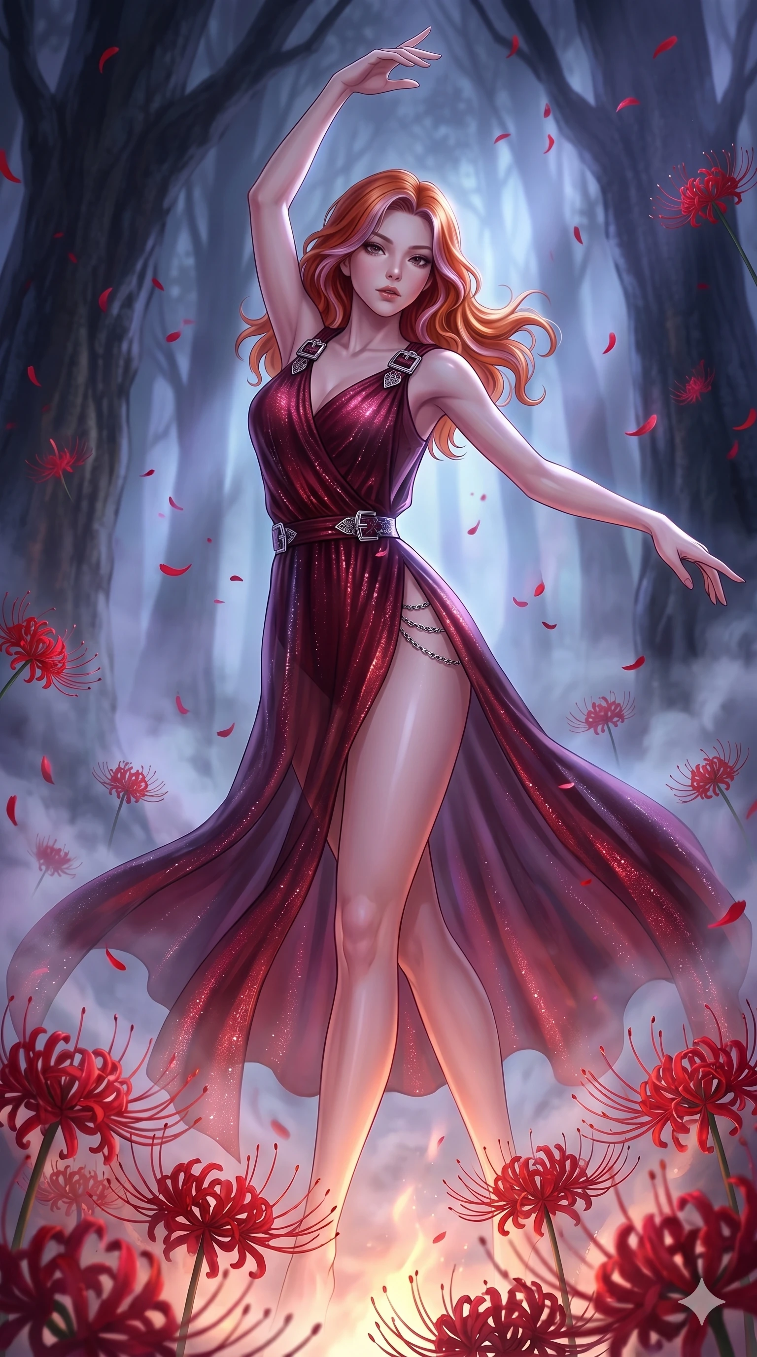 score_9, masterpiece, best quality, ultra-detailed, High-budget Anime Keyframe, East Asian woman. Low angle cowboy shot filling the entire 9:16 frame with her statuesque presence. Scenario 15: Dancing amidst falling red spider lilies in a misty dark forest. Her presence is magnetic and overpowering in this high-budget anime scene. Outfit 15: A shimmering chiffon bare with a thigh-high slit and metallic buckles. The clothing is designed to emphasize her exceptionally tall and slender 8-heads proportion. 8-heads proportion, towering silhouette, ultra-slim waist. sharp v-shaped jawline, intricate jewel-like eyes with depth, thick eyelashes, glossy lips. 2k, ultra detail, master piece, 9:16 ratio
