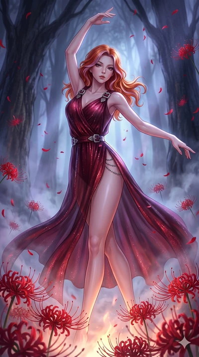 score_9, masterpiece, best quality, ultra-detailed, High-budget Anime Keyframe, East Asian woman. Low angle cowboy shot filling the entire 9:16 frame with her statuesque presence. Scenario 15: Dancing amidst falling red spider lilies in a misty dark 