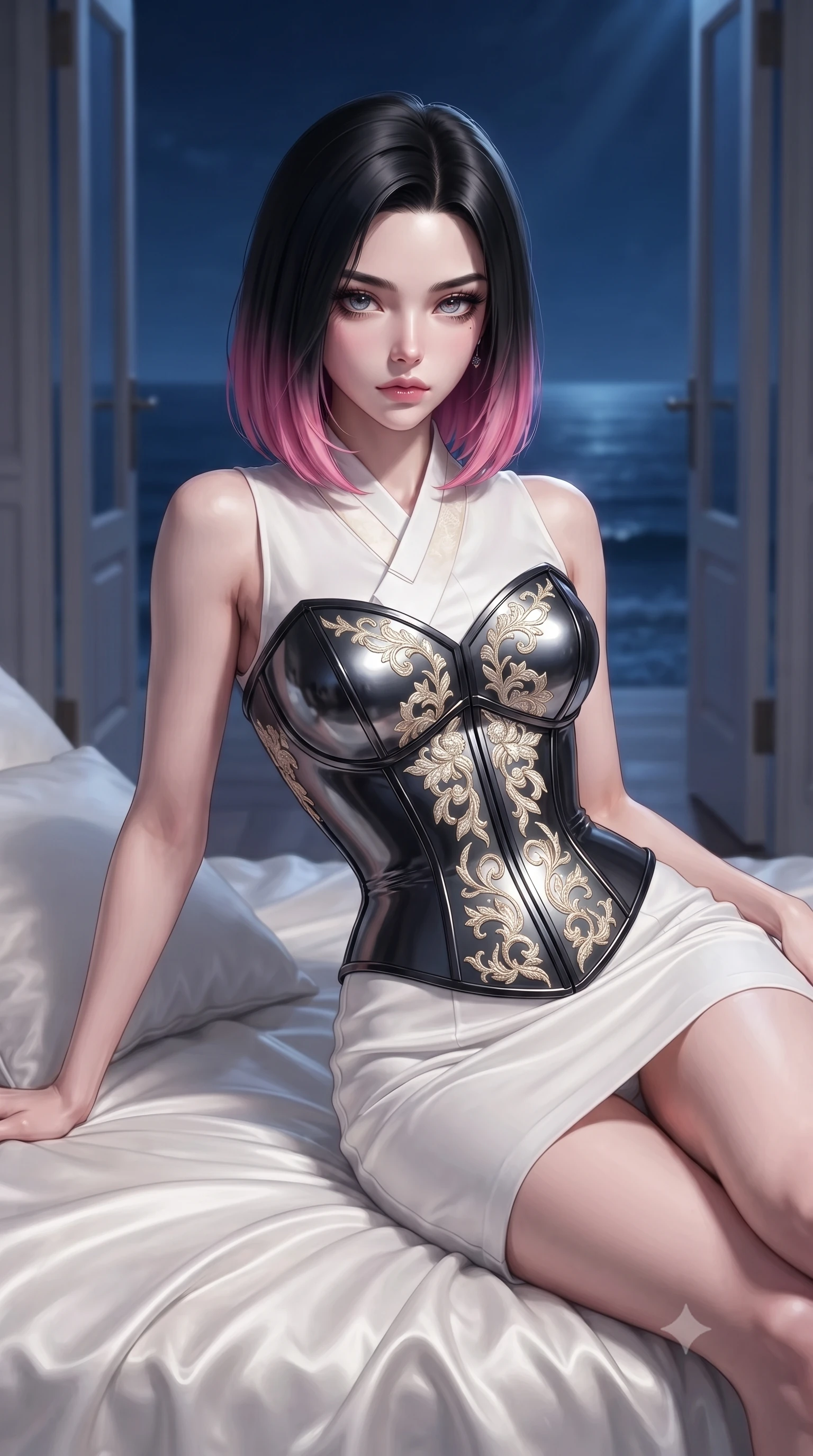 score_9, masterpiece, best quality, ultra-detailed, high-budget anime keyframe, editorial fashion photography, tasteful artistic composition, Korean woman. close-up cowboy shot from the waist and thighs up, the character dominates the composition, filling the frame with her large presence, background elements kept in soft focus. Casting a slow, direct gaze beneath heavy lashes with quiet intensity, lounging on a plush white silk daybed as soft sea breezes drift through open doors, dark blue nocturnal ocean forming an endless horizon in soft focus. She has an exceptionally elegant, slender, and willowy female figure with an ultra-slim waist, a gracefully sculpted slender torso, and a refined silhouette. sharp v-shaped jawline, high-bridge nose, intricate jewel-like eyes with depth, thick eyelashes, glossy lips with a natural sheen. wearing modern fusion white hanbok dress with structured gold-embroidered bodice in pearl white, made of sculpted obsidian metallic chrome, adorned with minimalist black onyx hardware framing the silhouette, the fitted fabric emphasizing her ultra-slim waist. lit by quiet moonlight key rays piercing through dark ocean air. ultra-reflective glossy finish, specular highlights, metallic sheen, high-contrast stereoscopic depth, volumetric dynamic lighting, 2k, ultra detail, master piece, 9:16 ratio