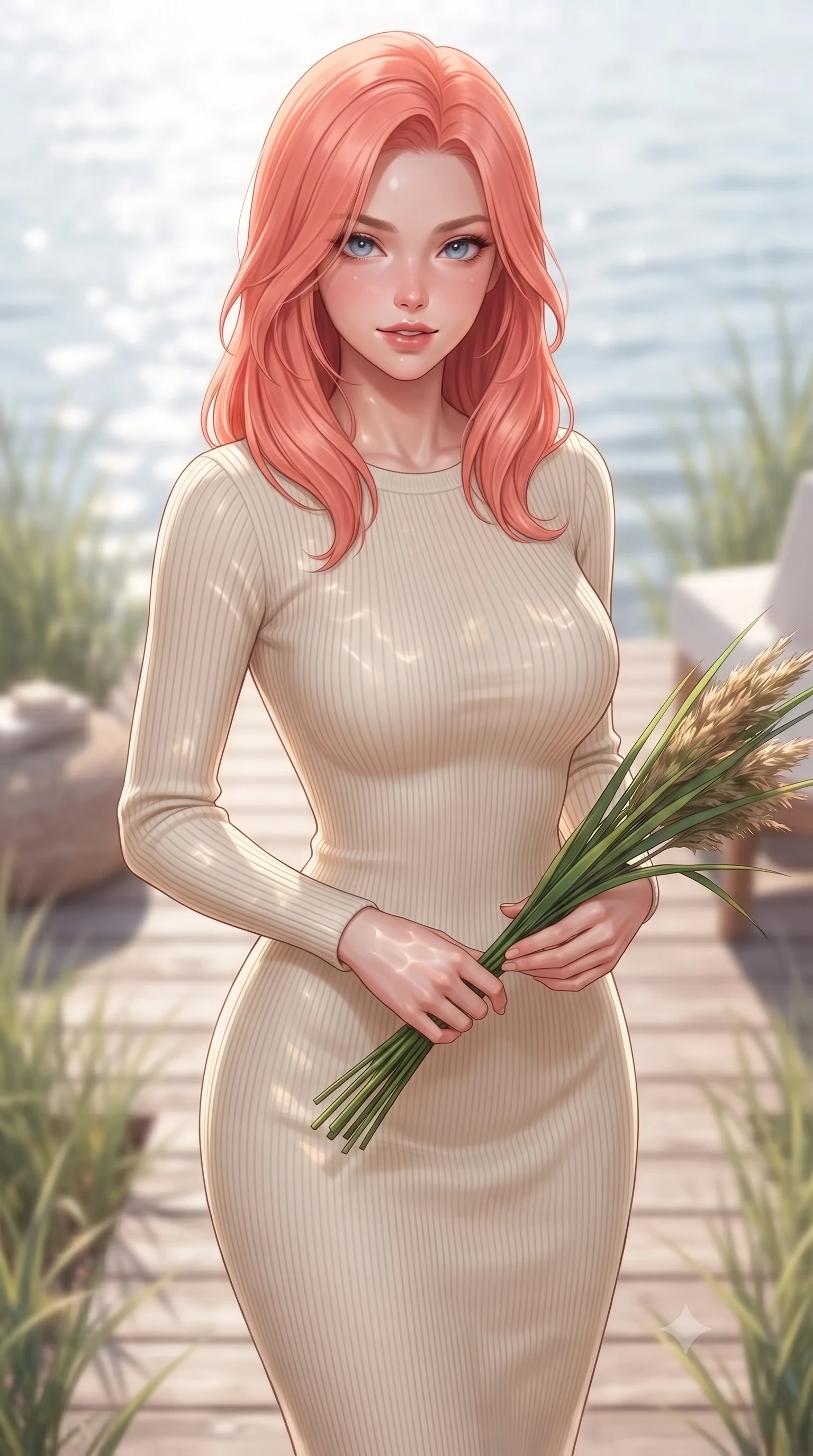 score_9, masterpiece, best quality, ultra-detailed, high-budget anime keyframe, editorial fashion photography, tasteful artistic composition, Japanese woman. close-up cowboy shot from the waist and thighs up, the character dominates the composition, filling the frame with her large presence, background elements kept in soft focus. gazing at the camera with a smoldering, magnetic half-smile, softly parting her glossy lips set against a soft-focus background of on a wooden deck of a lakeside cottage surrounded by beachgrass holding a bunch of fresh river reeds with a happy, cute expression. She has an exceptionally elegant, slender, and willowy female figure with an ultra-slim waist, a gracefully sculpted slender torso, and a refined silhouette. sharp v-shaped jawline, high-bridge nose, intricate jewel-like eyes with depth, thick eyelashes, glossy lips with a natural sheen. wearing tailored form-fitting ribbed knit dress in cream, contouring her slender silhouette. bright daylight reflecting off the water, casting shifting ripples on her skin. highly saturated vibrant anime colors, detailed shading with soft gradients, rich glossy textures, high-contrast stereoscopic depth, volumetric dynamic lighting, master piece, 9:16 ratio
