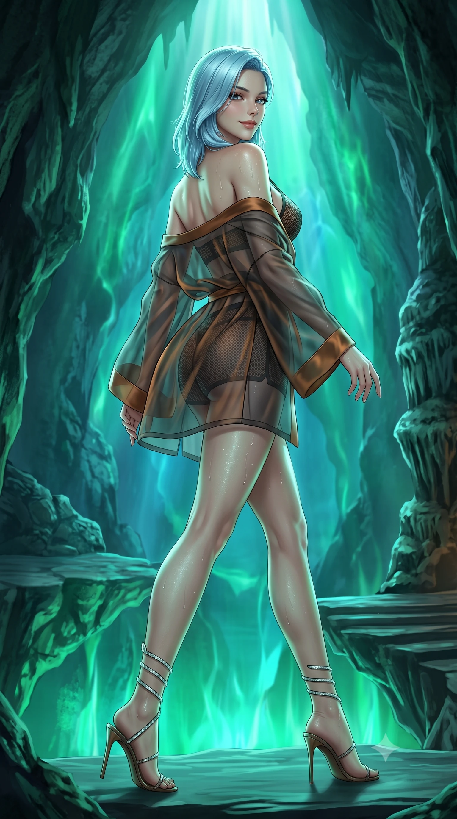 score_9, masterpiece, best quality, ultra-detailed, high-budget anime keyframe, semi-realistic 3D game render, editorial fashion photography, tasteful artistic composition, Korean woman. low angle full-body shot from head to toe showing her feet, filling the entire 9:16 vertical frame with her statuesque presence, stretching her vertical silhouette. walking along the terrace with poise, looking back over her bare shoulder with an irresistible smoldering bedroom-gaze while twisting her slender torso in an alluring contrapposto stance, bioluminescent green water reflections dancing hypnotic patterns across her curves. The surrounding environment is rendered in vivid detail and crisp panoramic clarity: detailed semi-sheer mesh monokini weave, dewy moisture beads on skin, and natural cavern geology in razor-sharp precision. She has an absolutely perfect, statuesque 8.5-heads proportion, an exceptionally tall and slender model-like female figure with impossibly long slender legs, an ultra-slim waist, a flat toned midriff, narrow delicate ribcage, and beautifully sculpted feminine hips creating a graceful, slim hourglass silhouette without any bulky heaviness. sharp v-shaped jawline, high-bridge nose, sparkling eyes with hypnotic seductive depth, thick curled eyelashes, glossy parted lips with a natural dewy peach sheen, alluring bedroom-eyes with an enchanting coquettish smile, exuding magnetic siren charisma and sophisticated glamour, flawlessly proportioned anatomical accuracy, strict slender model proportions, natural body alignment, perfectly sculpted long slender limbs, ultra-slim waistline, clean dynamic posture without body distortion. wearing a sheer silk organza modern kimono robe worn loose and slipping off bare shoulders over a matching satin bralette and micro-shorts in Ayung volcanic charcoal and molten bronze, made of semi-opaque stretch illusion mesh with soft shadowy contours, complemented by strappy stiletto sandals with crystal ankle wraps accentuating her slender calves, the second-skin tailored fabric adhering flawlessly to her sculpted flat midriff and slender torso, emphasizing her long leg lines and perfectly proportioned willowy build. bathed in supernatural glowing emerald and aquamarine light radiating upward from bioluminescent cave waters. highly saturated vibrant anime colors, detailed shading with soft gradients, rich glossy textures, high-contrast stereoscopic depth, volumetric dynamic lighting, master piece, 9:16 ratio