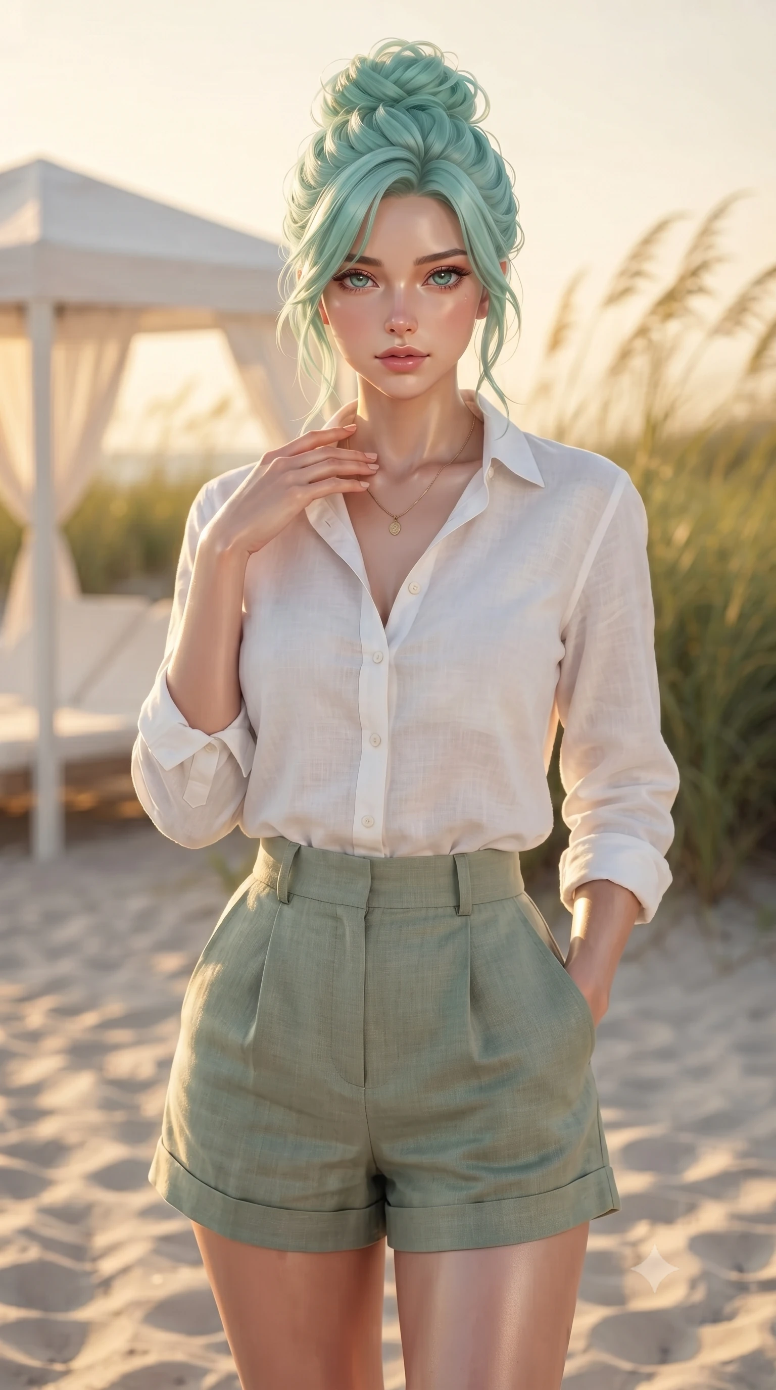 score_9, masterpiece, best quality, ultra-detailed, high-budget anime keyframe, editorial fashion photography, tasteful artistic composition, Japanese woman woman. close-up cowboy shot from the waist and thighs up, the character dominates the composition, filling the frame with her large presence, background elements kept in soft focus. standing with one hand resting on her collarbone, looking at the viewer with bedroom-eyes the background shows a soft-focus a white canopy tent on a quiet beach resort, surrounded by tall beachgrass. She has an exceptionally elegant, slender, and willowy female figure with an ultra-slim waist, a gracefully sculpted slender torso, and a refined silhouette. sharp v-shaped jawline, high-bridge nose, intricate jewel-like eyes with depth, thick eyelashes, glossy lips with a natural sheen. wearing a slim-fit comfortable linen button-down shirt in white, tucked into high-waisted sage green shorts. warm golden afternoon sunlight bathing the sands in a soft glow. ultra-reflective glossy finish, specular highlights, metallic sheen, high-contrast stereoscopic depth, volumetric dynamic lighting, 2k, ultra detail, master piece, 9:16 ratio