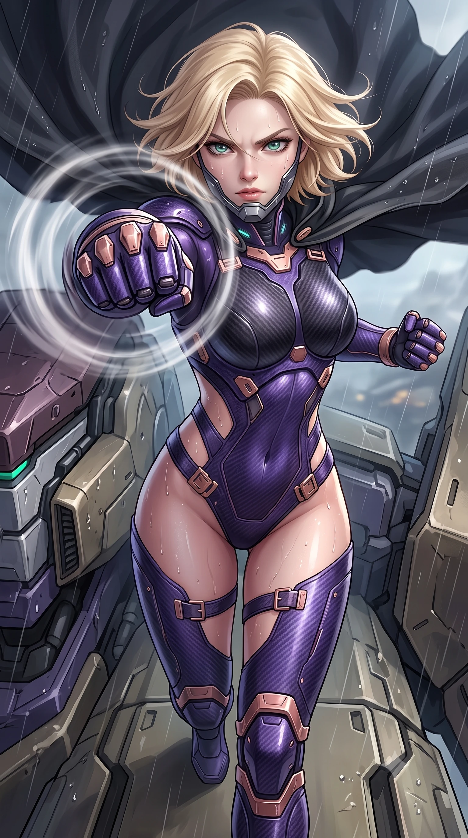 score_9, masterpiece, best quality, ultra-detailed, high-budget anime keyframe, semi-realistic 3D game render, editorial fashion photography, tasteful artistic composition, Caucasian woman. close-up cowboy shot from the waist and thighs up, the character dominates the composition, filling the frame with her large presence. thrusting a high-speed kinetic punch toward the camera, a visible conical shockwave distortion wrapping around her armored forearm while stepping along the giant mech's shoulder armor with wind whipping through her dark hair and tactical cape. The surrounding environment is rendered in vivid detail and crisp panoramic clarity. sharp hydraulic piston seams, rain droplet tracks on skin, and battle-scuffed armor details in high clarity. She has an exceptionally elegant, slender, and willowy female figure with an ultra-slim waist, a gracefully sculpted slender torso, toned flat midriff, and a refined slim silhouette. sharp v-shaped jawline, high-bridge nose, intricate jewel-like eyes with depth, thick eyelashes, glossy lips with a natural sheen, fierce and resolute heroine expression, flawlessly proportioned anatomical accuracy, strict slender model proportions, natural body alignment, perfectly sculpted long slender limbs, ultra-slim waistline, clean dynamic posture without body distortion. wearing a sleek titanium half-face combat rebreather guard protecting her lower jaw while leaving her expressive eyes and long hair flowing freely, paired with a form-contouring high-mobility battle-suit featuring sculpted carbon chest plating, diagonal midriff ventilation cutouts, and kinetic knee vambraces in royal purple carbon fiber with distressed rose-gold hardware and buckles, crafted from semi-translucent cybernetic carbon-vinyl interwoven with glowing micro-filaments, featuring a sleek aerodynamic collar framed by subtle glowing cybernetic status LEDs, the sleek second-skin cut tightly hugging her graceful clavicle, narrow waist, and feminine curves with athletic precision. illuminated by crisp specular highlights sharply tracing her sculpted flat midriff, waist, and long slender legs. rich saturated anime colors with glowing neon highlights, detailed shading with soft gradients, rich glossy textures, high-contrast stereoscopic depth, volumetric dynamic lighting, master piece, 9:16 ratio