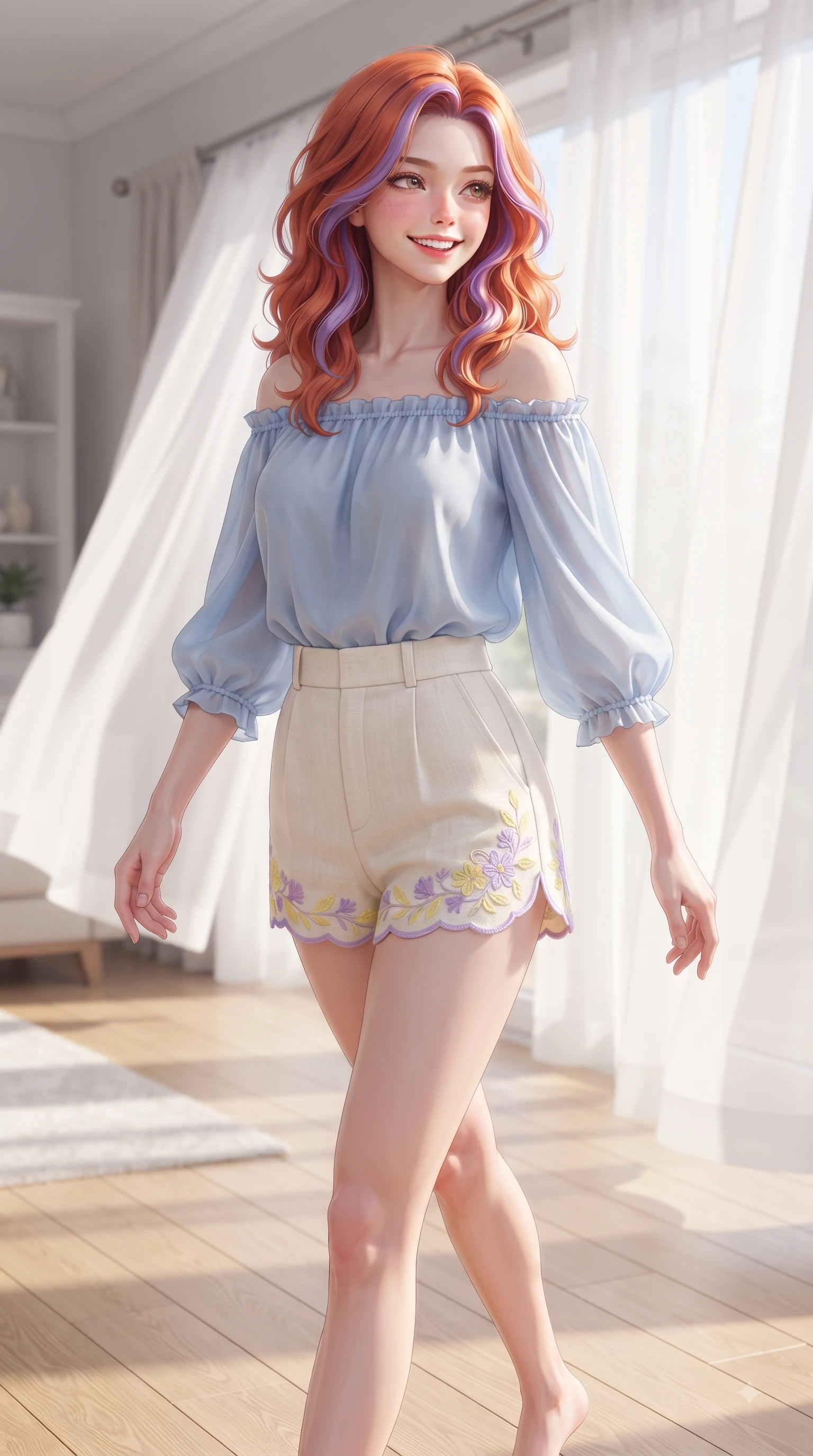 score_9, masterpiece, best quality, ultra-detailed, high-budget anime keyframe, editorial fashion photography, tasteful artistic composition, Caucasian woman. close-up cowboy shot from the waist and thighs up, the character dominates the composition, filling the frame with her large presence. Radiant youthful grin reflecting girlhood charm while casting a playful, joyful side-gaze with heavy lashes while stepping gracefully across a light oak floor as soft white curtains flutter in a gentle morning breeze. The surrounding environment is rendered in vivid detail and crisp panoramic clarity. crisp morning sunbeams streaming through sheer drapes into a beautifully detailed living room space. She has an exceptionally elegant, slender, and willowy female figure with an ultra-slim waist, a gracefully sculpted slender torso, and a refined silhouette. sharp v-shaped jawline, high-bridge nose, intricate jewel-like eyes with depth, thick eyelashes, glossy lips with a natural sheen, flawlessly proportioned anatomical accuracy, natural body alignment, perfectly sculpted elegant limbs, clean dynamic posture without body distortion. wearing a light blue off-shoulder chiffon blouse paired with tailored ivory shorts in soft lemon yellow and lavender violet, crafted from soft breathable linen, complemented by delicate embroidered floral trim along the hem, the chic real-way fashion cut emphasizing her effortless charm. surrounded by a peaceful, intimate, and relaxing home atmosphere. ultra-reflective glossy finish, specular highlights, metallic sheen, high-contrast stereoscopic depth, volumetric dynamic lighting, 2k, ultra detail, master piece, 9:16 ratio