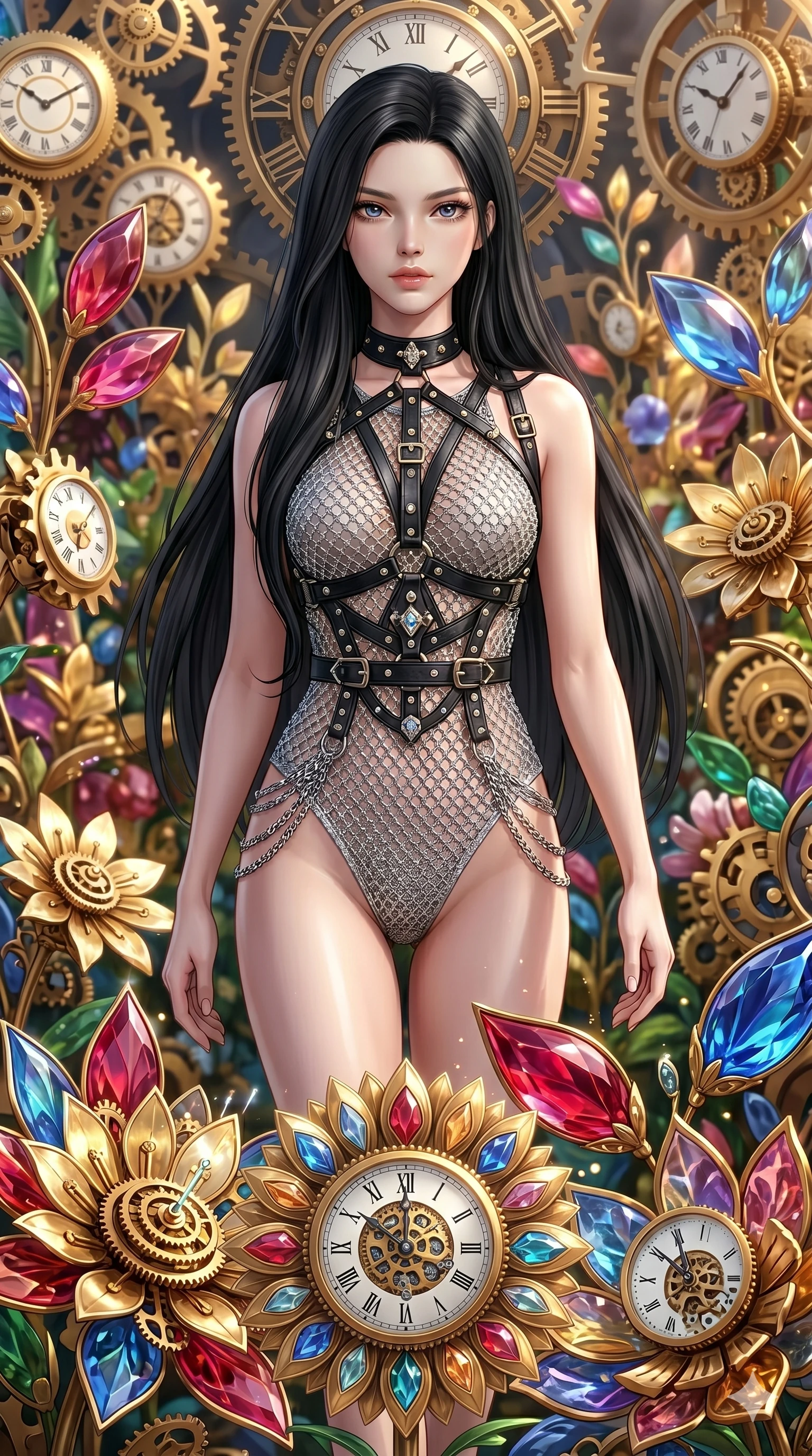score_9, masterpiece, best quality, ultra-detailed, Set A: Photorealistic 8k CG, Japanese woman. Upper body close-up from the thighs up, character filling the screen for maximum presence. Walking through a garden of mechanical flowers that bloom as she passes with clicks and whirs. She has an absolutely perfect 8-heads proportion, an exceptionally tall and slender female figure with an slender waist and gentle touch. Sharp v-shaped jawline, high-bridge nose, intricate jewel-like eyes with depth, thick eyelashes, glossy lips. Wearing a K-Idol Stage outfit: decorative harness over a silver mesh bodysuit. Background is a bright and colorful clockwork garden with golden petals and vibrant glass leaves. 2k, ultra detail, master piece, 9:16 ratio