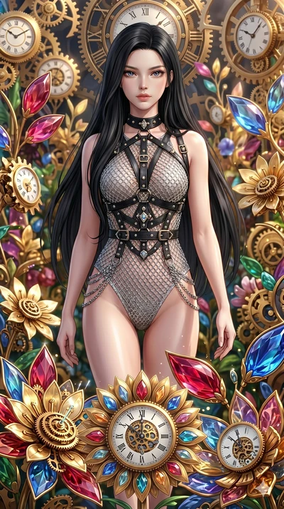 score_9, masterpiece, best quality, ultra-detailed, Set A: Photorealistic 8k CG, Japanese woman. Upper body close-up from the thighs up, character filling the screen for maximum presence. Walking through a garden of mechanical flowers that bloom as s