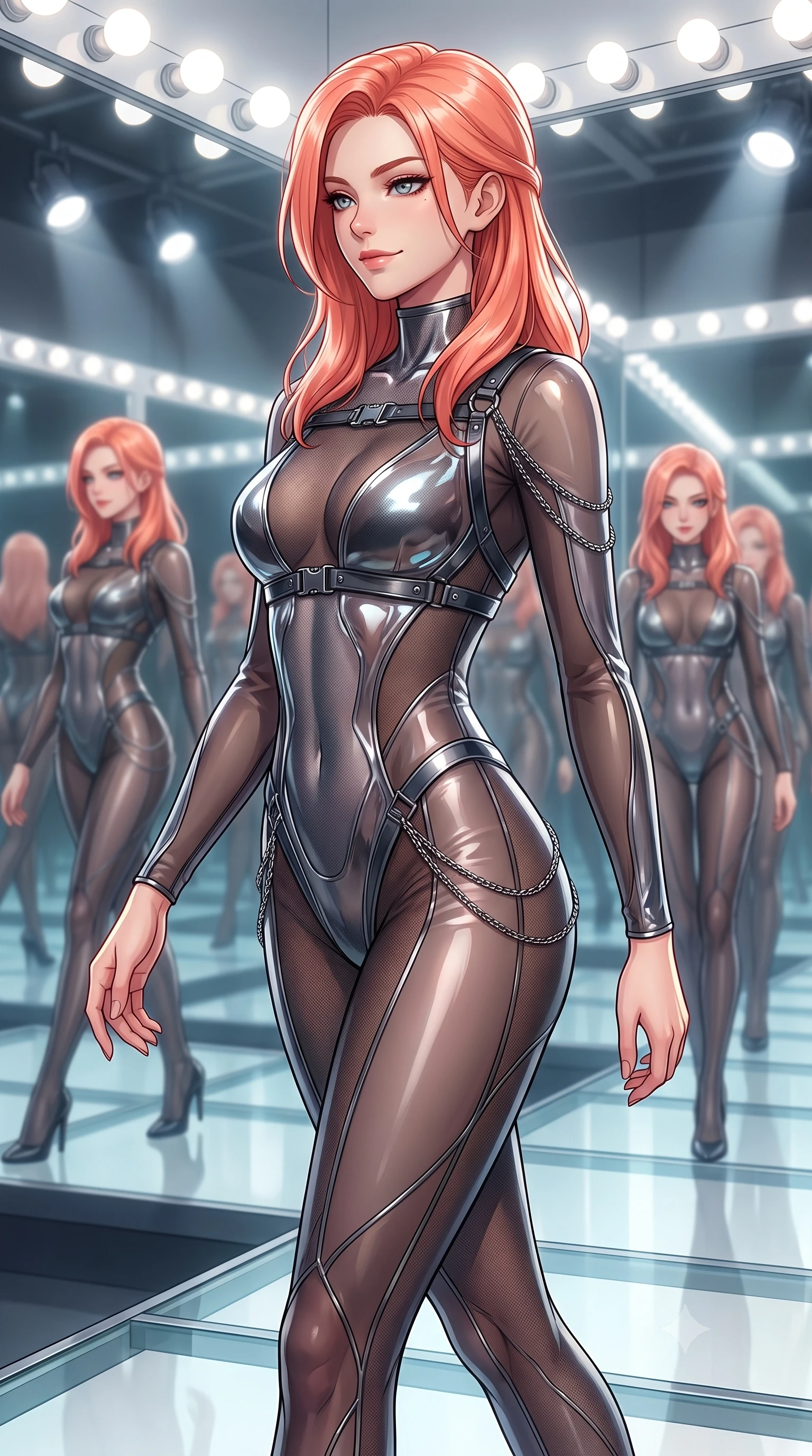 score_9, masterpiece, best quality, ultra-detailed, high-budget anime keyframe, editorial fashion photography, tasteful artistic composition, Japanese woman. close-up cowboy shot from the waist and thighs up, the character dominates the composition, filling the frame with her large presence, background elements kept in soft focus. Glancing sidelong over her shoulder with a smoldering, enigmatic half-smile, walking across a glass runway reflecting bright studio spotlights from above, infinite mirror reflections repeating her statuesque 8.5-heads proportion into distance. She has an exceptionally elegant, slender, and willowy female figure with an ultra-slim waist, a gracefully sculpted slender torso, and a refined silhouette. sharp v-shaped jawline, high-bridge nose, intricate jewel-like eyes with depth, thick eyelashes, glossy lips with a natural sheen. wearing translucent liquid acrylic splash bodysuit with semi-opaque dark mesh in metallic dark silver, made of sheer dark organza overlay, framed by dark titanium buckles and silver chain details, contouring every curve with an exceptionally elegant silhouette. illuminated by bright daylight vanity bulbs and multi-directional studio key rays. highly saturated vibrant anime colors, detailed shading with soft gradients, rich glossy textures, high-contrast stereoscopic depth, volumetric dynamic lighting, master piece, 9:16 ratio