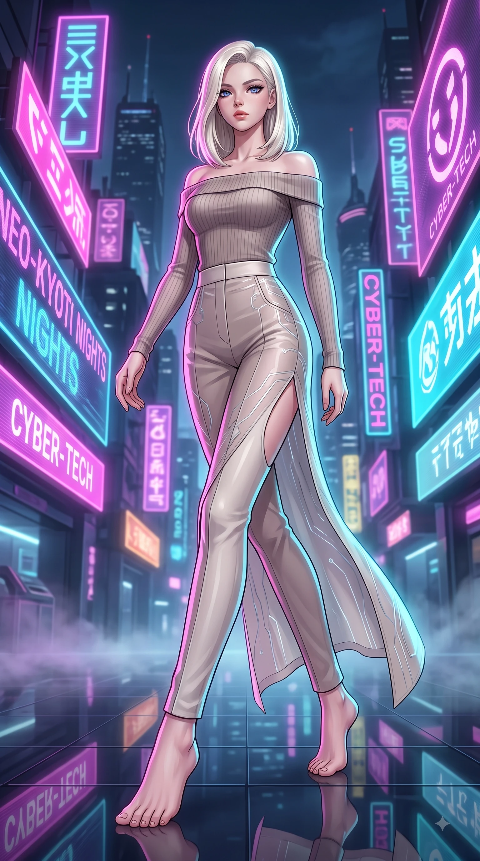 score_9, masterpiece, best quality, ultra-detailed, high-budget anime keyframe, editorial fashion photography, tasteful artistic composition, Caucasian woman. low angle full-body shot from head to toe showing her feet, filling the entire 9:16 vertical frame with her statuesque presence, stretching her vertical silhouette. stepping forward in a proud dynamic stride with an alluring waist tilt, her vertical silhouette filling the frame while stepping across a polished obsidian floor reflecting holographic billboards in mid-air, soft urban mist scattering vibrant magenta and cyan neon rim light around her silhouette. She has an absolutely perfect, statuesque 8.5-heads proportion, an exceptionally tall and slender model-like female figure with impossibly long slender legs and an ultra-slim waist. sharp v-shaped jawline, high-bridge nose, intricate jewel-like eyes with depth, thick eyelashes, glossy lips with a natural sheen, flawlessly proportioned anatomical accuracy, natural body alignment, perfectly sculpted elegant limbs, clean dynamic posture without body distortion. wearing a sleek off-shoulder ribbed knit top paired with high-waist tailored pants in muted taupe and soft ivory, woven from fine semi-opaque sheer organza, finished with a sleek side slit ascending to mid-thigh, the form-contouring material highlighting her ultra-slim waist and long lines. surrounded by a high-energy, seductive cyberpunk nightlife ambiance. highly saturated vibrant anime colors, detailed shading with soft gradients, rich glossy textures, high-contrast stereoscopic depth, volumetric dynamic lighting, master piece, 9:16 ratio