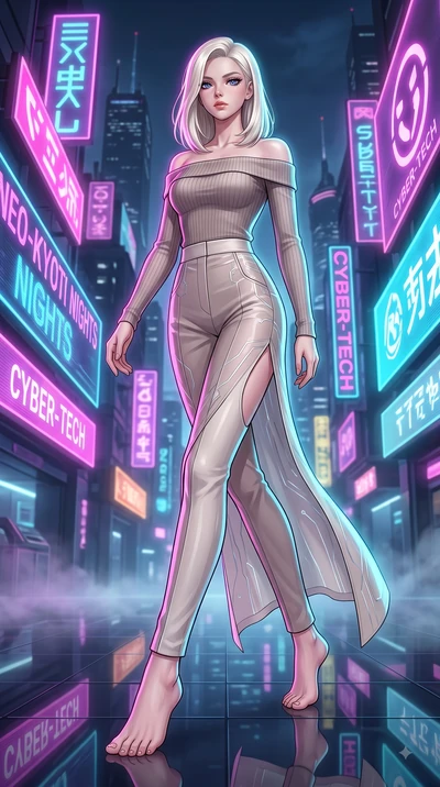 score_9, masterpiece, best quality, ultra-detailed, high-budget anime keyframe, editorial fashion photography, tasteful artistic composition, Caucasian woman. low angle full-body shot from head to toe showing her feet, filling the entire 9:16 vertica