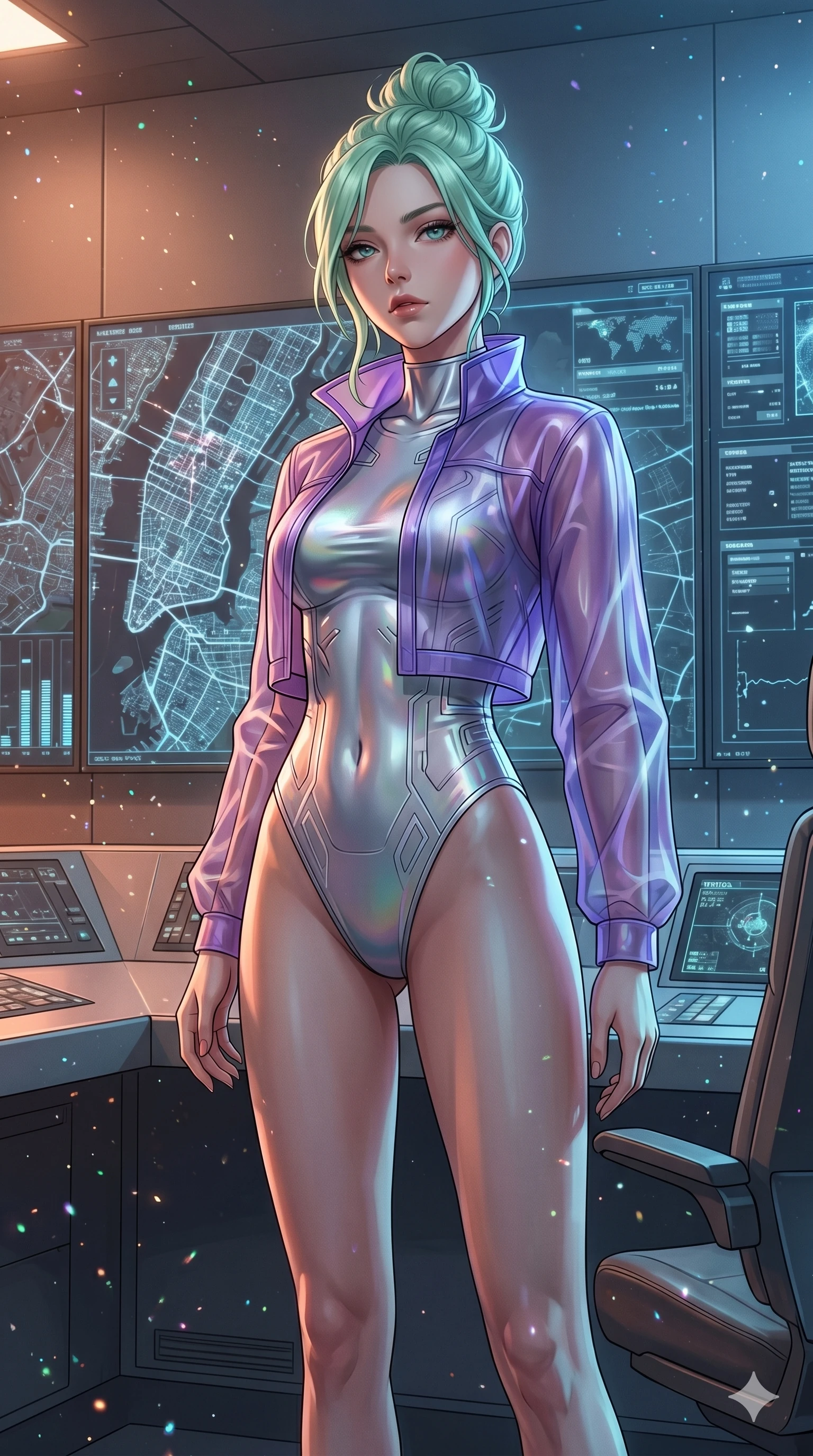 score_9, masterpiece, best quality, ultra-detailed, high-budget anime keyframe, editorial fashion photography, tasteful artistic composition, Japanese woman. cowboy shot from the thighs up, character and outfit filling the frame for maximum editorial presence. Tilting her chin down and looking up through her lashes with quiet, commanding intensity inside a futuristic control room with wall-sized monitors displaying digital maps, with iridescent dust particles suspended in mid-air. She has an absolutely perfect 8-heads proportion, an exceptionally tall and slender female figure with impossibly long slender legs and an ultra-slim waist. V-shaped jawline, high-bridge nose, intricate jewel-like eyes with depth, thick eyelashes, glossy lips with a natural sheen. wearing a translucent violet organza crop jacket worn over a metallic silver form-contouring bodysuit. bathed in shifting warm copper and cool steel blue lighting, creating a high-fashion editorial contrast. 2k, ultra detail, master piece, 9:16 ratio