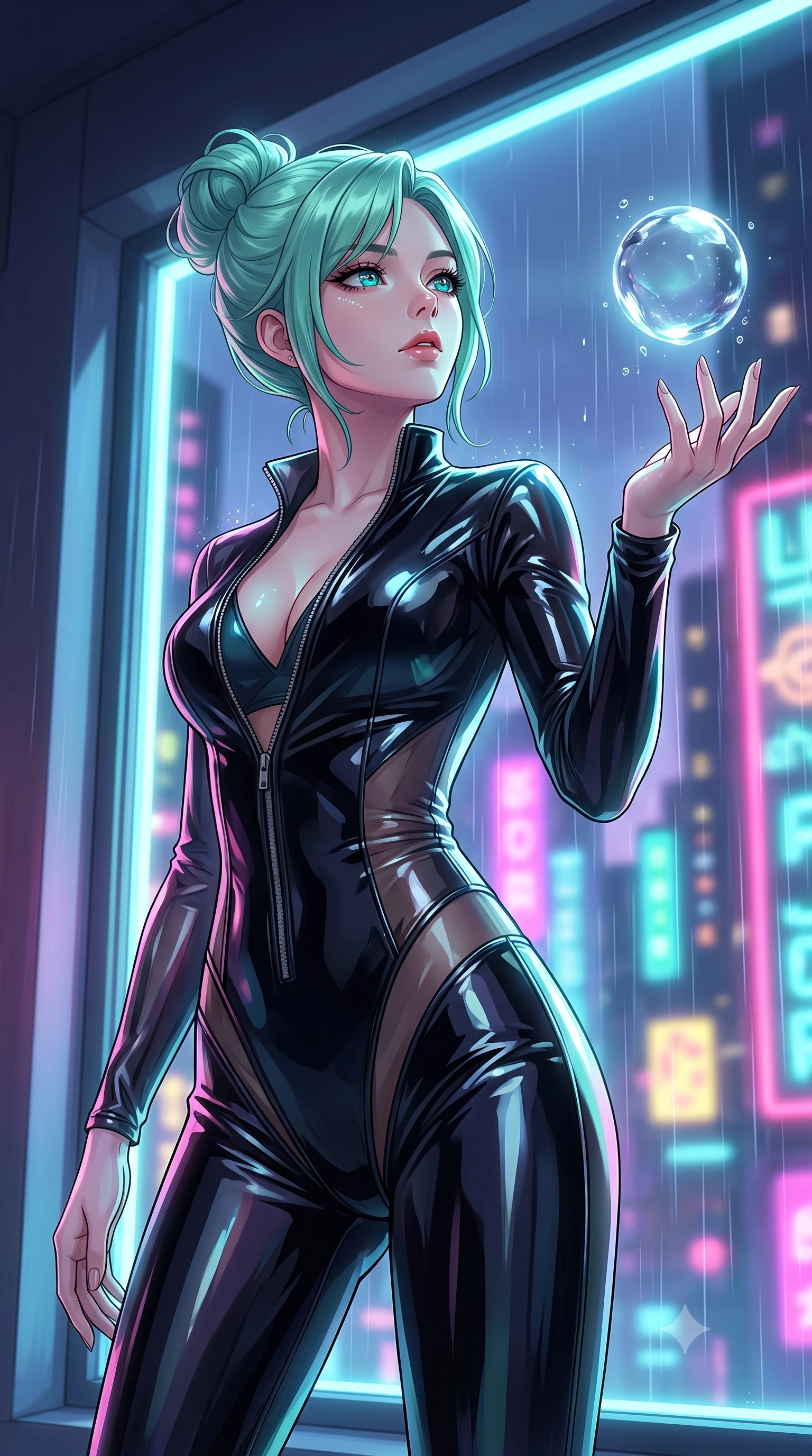 score_9, masterpiece, best quality, ultra-detailed, High-budget Anime Keyframe, East Asian woman. Low angle cowboy shot filling the entire 9:16 frame with her statuesque presence. Scenario 318: reaching out to catch a floating sphere of liquid light in a glowing neon window at twilight with soft rain falling. Her presence is magnetic and overpowering in this high-budget anime scene. Outfit 318: a slim-fit patent leather second with a unzipped detail and translucent layers. The clothing is designed to emphasize her exceptionally tall and slender 8-heads proportion. 8-heads proportion, towering silhouette, ultra-slim waist. sharp v-shaped jawline, intricate jewel-like eyes with depth, thick eyelashes, glossy lips. 2k, ultra detail, master piece, 9:16 ratio