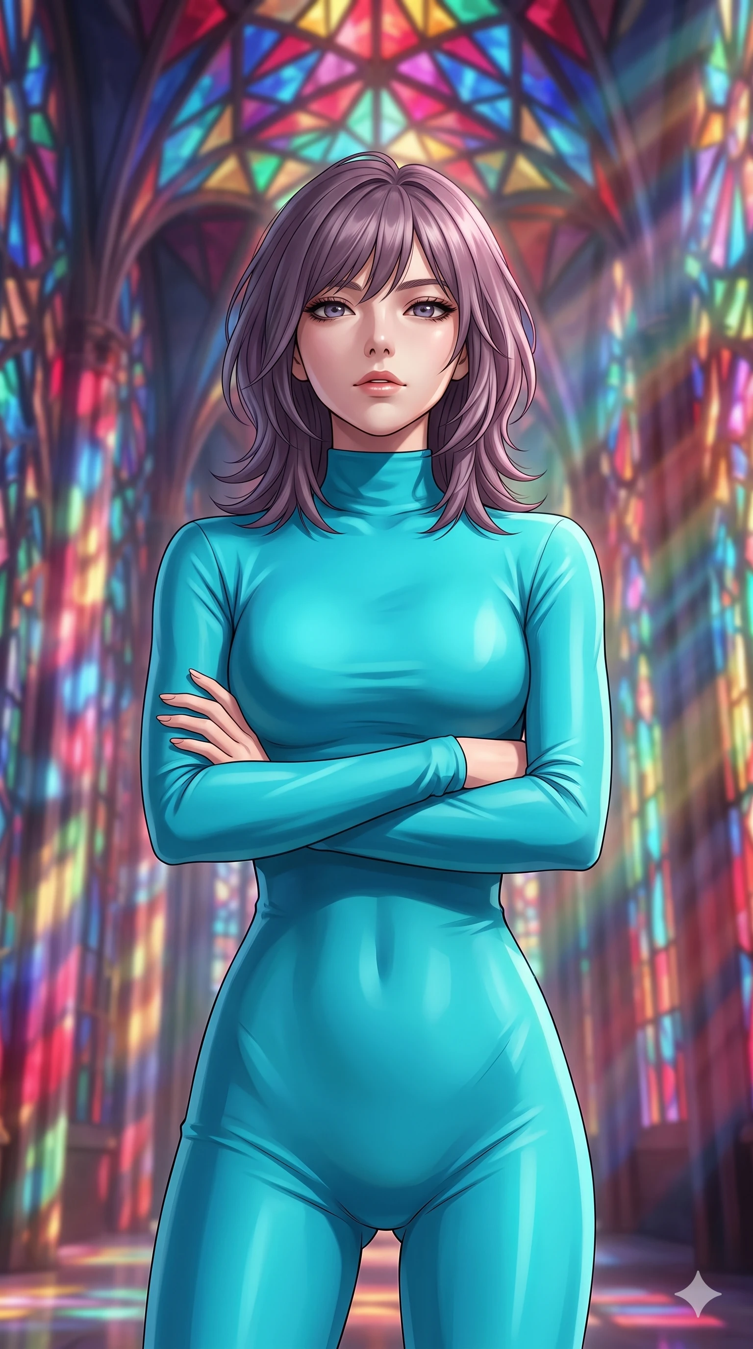 score_9, masterpiece, best quality, ultra-detailed, high-budget anime keyframe, editorial fashion photography, tasteful artistic composition, Japanese woman. close-up cowboy shot from the waist and thighs up, the character dominates the composition, filling the frame with her large presence, background elements kept in soft focus. Crossing her arms with serene confidence and chin slightly raised. set against a soft-focus background of a massive cathedral whose walls and vaulted ceiling are constructed entirely from intersecting beams of colored structured light forming geometric stained-glass patterns that hover without physical support. She has an exceptionally elegant and slender, willowy female figure with an ultra-slim waist, a gracefully sculpted slender torso, and a refined slim physique. sharp v-shaped jawline, high-bridge nose, intricate jewel-like eyes with depth, thick eyelashes, glossy lips with a natural sheen. wearing a precision-tailored catsuit in a vibrant turquoise stretch fabric, featuring long sleeves and a high collar that highlights her slender neck. the light-beam walls themselves radiate in deep ruby sapphire blue emerald and gold creating an interior bathed in rich intersecting colored light from every direction. 2k, ultra detail, master piece, 9:16 ratio