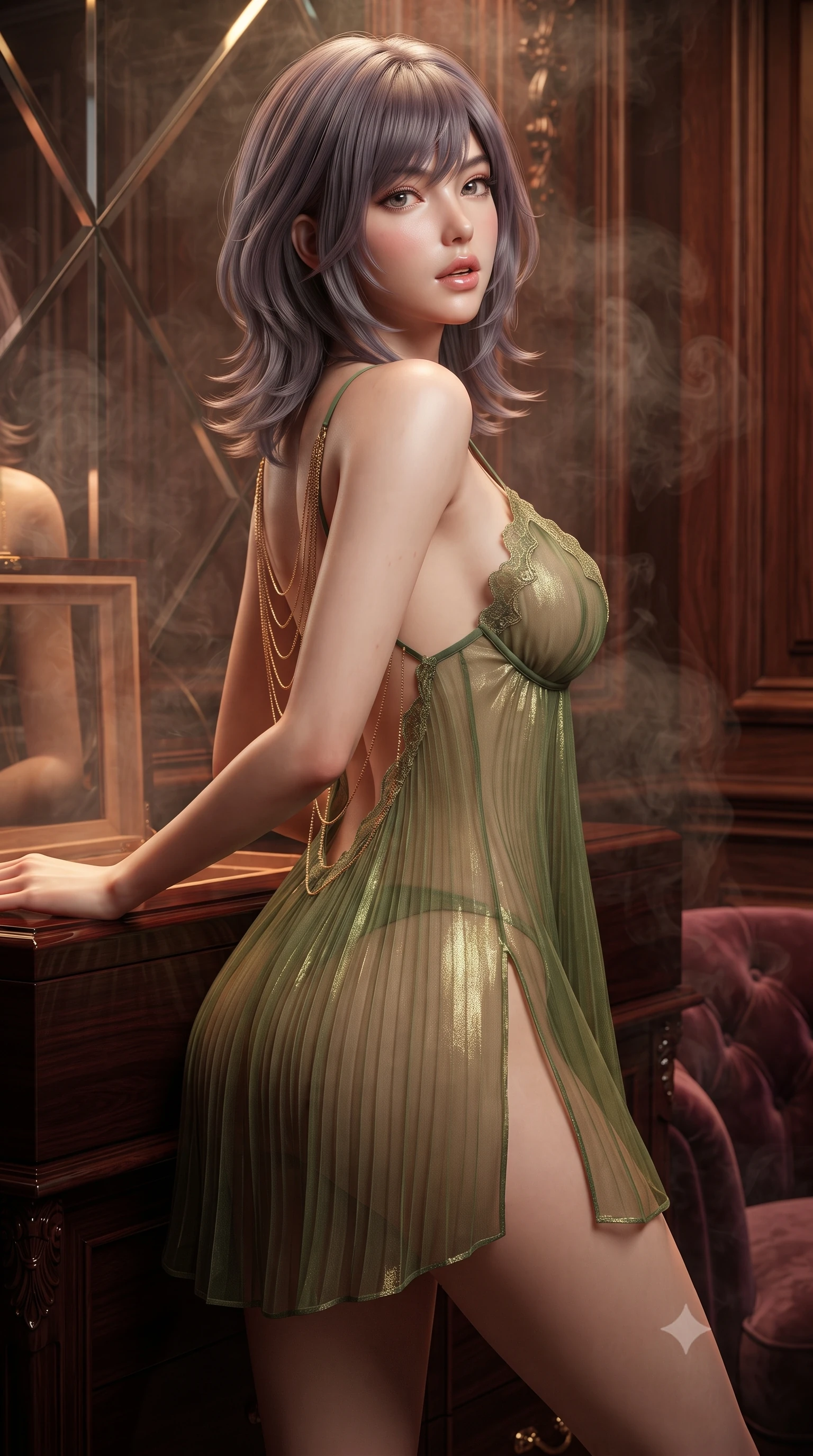 score_9, masterpiece, best quality, ultra-detailed, high-budget anime keyframe, editorial fashion photography, tasteful artistic composition, Japanese woman. close-up cowboy shot from the waist and thighs up, the character dominates the composition, filling the frame with her large presence. posing in an alluring rear three-quarter angle, looking over a bare shoulder with parted glossy lips, her hips cocked back to highlight her slim hourglass curve while leaning against the dark mahogany humidor cabinet with hips cocked back, casting an intoxicating bedroom-gaze through drifting aromatic smoke. The surrounding environment is rendered in vivid detail and crisp panoramic clarity: sharp bevelled smoked glass mirror seams, carved mahogany wood panelling grain, and plush velvet button-tufting in deep focus. She has an exceptionally elegant, slender, and willowy female figure with an ultra-slim waist, flat toned midriff, narrow ribcage, and sculpted feminine hips creating an alluring, slim hourglass silhouette without bulk. sharp v-shaped jawline, high-bridge nose, intricate jewel-like sparkling eyes with depth, thick eyelashes, glossy parted lips with a natural peach sheen, bright cheerful beaming smile with an enchanting and coquettish sensual glint, exuding both youthful cute charm and seductive allure, flawlessly proportioned anatomical accuracy, strict slender model proportions, natural body alignment, perfectly sculpted long slender limbs, ultra-slim waistline, clean dynamic posture without body distortion. wearing a form-contouring sheer pleated georgette baby-doll slip with plunging sweetheart neckline and scalloped lace trim in Gion antique matcha green and gilded gold leaf, crafted from translucent silk organza with an ethereal crystalline sheen, accented with an open-back drape framed by falling strands of delicate gold chains, the high-slit wrap tailoring accentuating her ultra-slim waistline and the enchanting curve of her feminine hips with alluring seductive charm. illuminated by polished mahogany reflection fill and sharp copper-gold rim lights defining her razor-sharp jawline, narrow waist, and curvy hips. ultra-reflective glossy finish, specular highlights, rich textural contrasts, high-contrast stereoscopic depth, volumetric dynamic lighting, 2k, ultra detail, master piece, 9:16 ratio