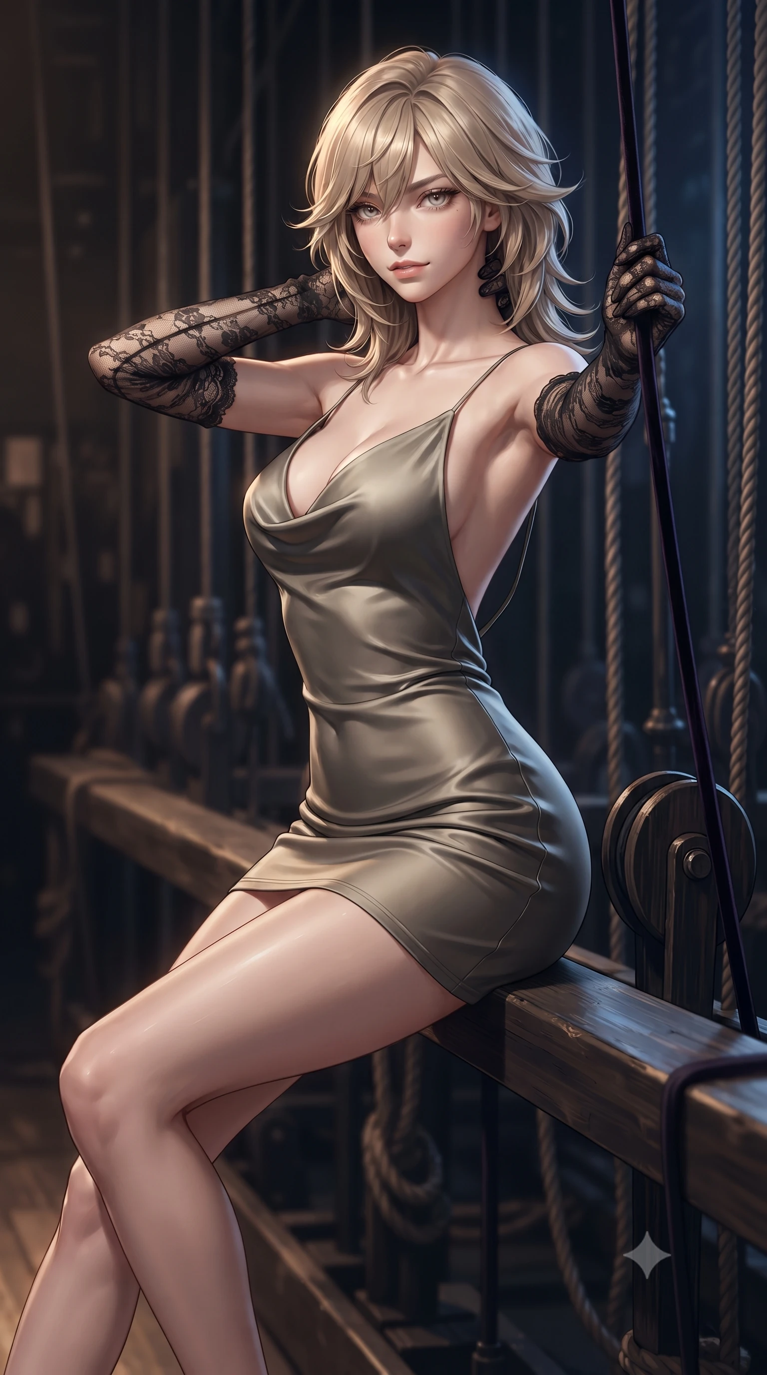 score_9, masterpiece, best quality, ultra-detailed, high-budget anime keyframe, editorial fashion photography, tasteful artistic composition, Japanese woman. close-up cowboy shot from the waist and thighs up, the character dominates the composition, filling the frame with her large presence. resting both hands lightly behind her neck with elbows raised, arching her spine to highlight her narrow waist, flat midriff, and breathtaking collarbones while perched sideways on the wooden rigging pin rail with legs extended, holding a velvet curtain cord with dangerous coquettish cool. The background shows a soft-focus heavy theatrical rigging cables softened in backstage mystery shallow focus. She has an exceptionally elegant, slender, and willowy female figure with an ultra-slim waist, flat toned midriff, narrow ribcage, and sculpted feminine hips creating an alluring, slim hourglass silhouette without bulk. sharp v-shaped jawline, high-bridge nose, sparkling eyes with hypnotic seductive depth, thick curled eyelashes, glossy parted lips with a natural dewy peach sheen, alluring bedroom-eyes with an enchanting coquettish smile, exuding magnetic siren charisma and sophisticated glamour, flawlessly proportioned anatomical accuracy, strict slender model proportions, natural body alignment, perfectly sculpted long slender limbs, ultra-slim waistline, clean dynamic posture without body distortion. wearing a low-cut draped cowl-back satin ballet slip mini dress with dainty pearl spaghetti straps in tactical desert sand khaki and matte carbon grey, crafted from second-skin technical compression fabric with moisture-wicking stretch, complemented by sheer opera-length lace evening gloves tracing her slender arms, the form-contouring silhouette accentuating her sculpted flat midriff, narrow delicate ribcage, and gracefully curvy hips with intoxicating allure. illuminated by footlight bounce and sharp amber-gold rim lighting defining her razor-sharp jawline, ultra-slim waist, and curvy hips. ultra-reflective glossy finish, specular highlights, rich textural contrasts, high-contrast stereoscopic depth, volumetric dynamic lighting, 2k, ultra detail, master piece, 9:16 ratio