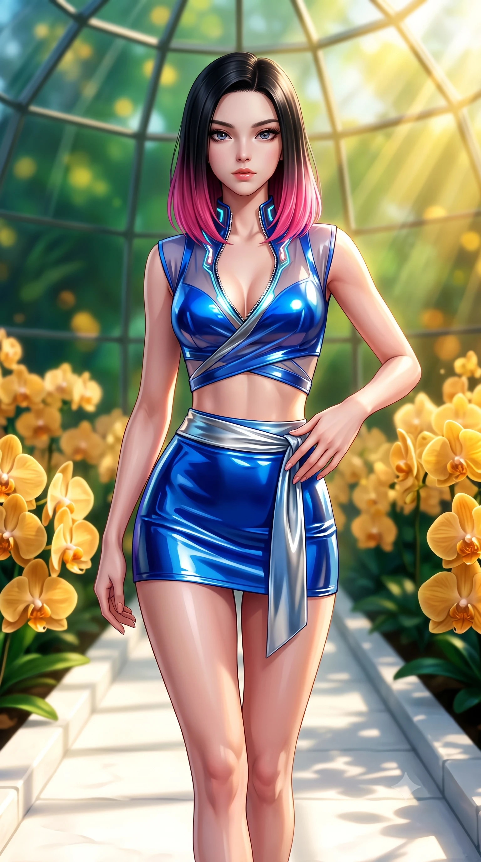 score_9, masterpiece, best quality, ultra-detailed, high-budget anime keyframe, semi-realistic 3D game render, editorial fashion photography, tasteful artistic composition, Korean woman. close-up cowboy shot from the waist and thighs up, the character dominates the composition, filling the frame with her large presence. twisting her upper body in a dynamic S-curve with an alluring smolder, one hand trailing along her slender waist while walking gracefully along a sunlit white stone aisle in a grand crystal conservatory surrounded by golden orchids. The composition keeps background elements in soft focus with creamy bokeh. golden orchid clusters and geometric glass dome panes blurred into luminous emerald and amber bokeh. She has an exceptionally elegant, slender, and willowy female figure with an ultra-slim waist, a gracefully sculpted slender torso, toned flat midriff, and a refined slim silhouette. sharp v-shaped jawline, high-bridge nose, intricate jewel-like eyes with depth, thick eyelashes, glossy lips with a natural sheen, flawlessly proportioned anatomical accuracy, strict slender model proportions, natural body alignment, perfectly sculpted long slender limbs, ultra-slim waistline, clean dynamic posture without body distortion. wearing a shortened cyber-fusion wrap top with transparent chiffon panels, a deep crossover neckline, and a high-waisted metallic sash that accentuates her ultra-slim waist in liquid electric cobalt blue and polished silver, crafted from ultra-reflective second-skin latex with a high-gloss glass-like polish, featuring a dangerously unzipped neckline framed by glowing cybernetic accents, the precision-cut daring openings accentuating her delicate midriff, graceful bare collarbones, and ultra-slim feminine waistline. bathed in intense volumetric golden sunbeams streaming through crystalline glass dome panes. highly saturated vibrant anime colors, detailed shading with soft gradients, rich glossy textures, high-contrast stereoscopic depth, volumetric dynamic lighting, master piece, 9:16 ratio