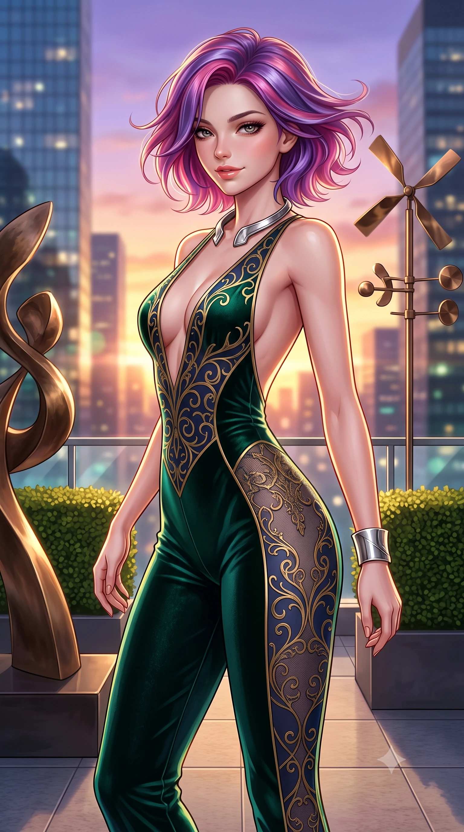 score_9, masterpiece, best quality, ultra-detailed, high-budget anime keyframe, semi-realistic 3D game render, editorial fashion photography, tasteful artistic composition, Caucasian woman. close-up cowboy shot from the waist and thighs up, the character dominates the composition, filling the frame with her large presence. turning slowly with an enchanting smoldering smile, her glossy hair tossing in the breeze as her hips angle gracefully in a captivating contrapposto while standing on the open-air rooftop sculpture terrace beside kinetic bronze wind vanes, arching her back against the sunset skyline. The background shows a soft-focus abstract bronze sculptures, manicured rooftop boxwood hedges, and glittering architectural glass towers blurred into sunset bronze, emerald, and violet bokeh. She has an exceptionally elegant, slender, and willowy female figure with an ultra-slim waist, flat toned midriff, narrow ribcage, and sculpted feminine hips creating an alluring, slim hourglass silhouette without bulk. sharp v-shaped jawline, high-bridge nose, sparkling eyes with hypnotic seductive depth, thick curled eyelashes, glossy parted lips with a natural dewy peach sheen, alluring bedroom-eyes with an enchanting coquettish smile, exuding magnetic siren charisma and sophisticated glamour, flawlessly proportioned anatomical accuracy, strict slender model proportions, natural body alignment, perfectly sculpted long slender limbs, ultra-slim waistline, clean dynamic posture without body distortion. wearing a backless plunge-front second-skin velvet jumpsuit with fluid tapered legs and sheer lace hip inserts in deep emerald velvet and dark sapphire with gold filigree, made of semi-opaque stretch illusion mesh with soft shadowy contours, finished with a sculptural silver torque collar and a matching wide architectural wrist cuff, the precision-cut side openings and low-back scoop framing her graceful spine and the sensual sweep of her slim, toned hips. illuminated by glass balustrade reflections and sharp warm-gold rim lights defining her razor-sharp jawline, narrow waist, and curvy hips. highly saturated vibrant anime colors, detailed shading with soft gradients, rich glossy textures, high-contrast stereoscopic depth, volumetric dynamic lighting, master piece, 9:16 ratio
