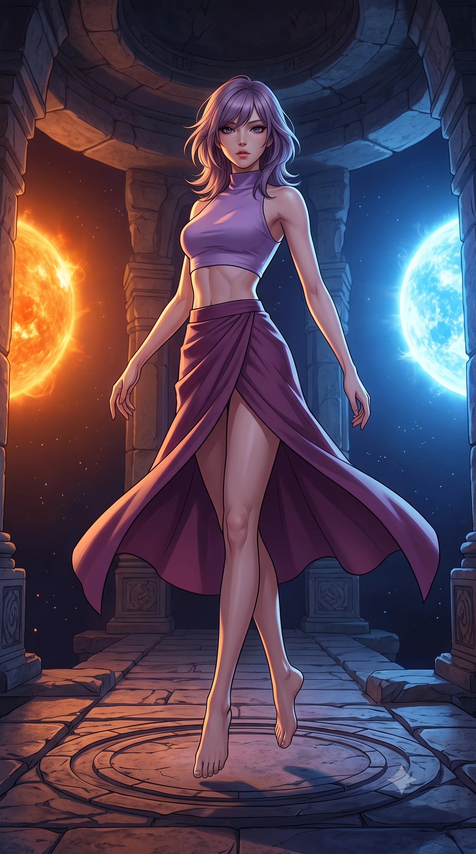 score_9, masterpiece, best quality, ultra-detailed, high-budget anime keyframe, editorial fashion photography, tasteful artistic composition, Japanese woman. low angle full-body shot from head to toe showing her feet, filling the entire 9:16 vertical frame with her statuesque presence, stretching her vertical silhouette. pirouetting mid-air inside a floating stone shrine suspended in the gravitational balance point between two suns one burning deep orange and the other brilliant blue creating a perpetual dual-colored twilight on every surface. She has a statuesque 8.5-heads proportion, an exceptionally tall, slender and willowy model-like build with impossibly long legs and a highly sculpted ultra-slim waist. sharp v-shaped jawline, high-bridge nose, intricate jewel-like eyes with depth, thick eyelashes, glossy lips with a natural sheen. wearing a high-neck crop top in lavender, paired with a matching high-waisted wrap skirt in plum with a front slit. dramatic chiaroscuro with a single golden key light sculpting her silhouette. 2k, ultra detail, master piece, 9:16 ratio