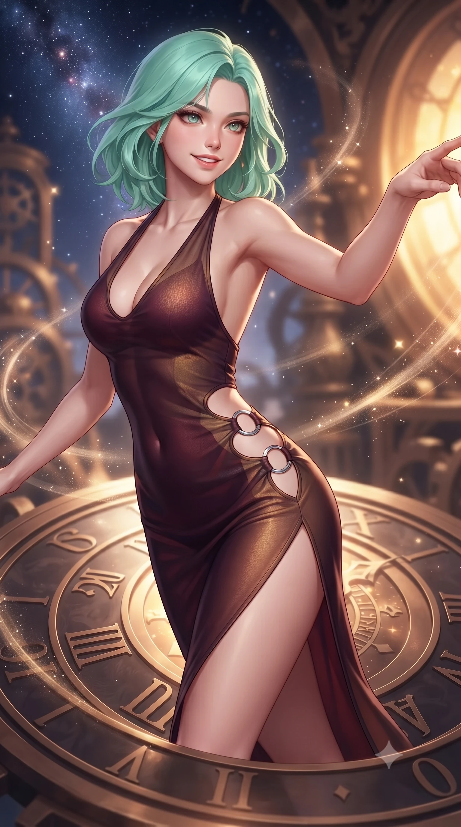 score_9, masterpiece, best quality, ultra-detailed, high-budget anime keyframe, editorial fashion photography, tasteful artistic composition, Japanese woman. close-up cowboy shot from the waist and thighs up, the character dominates the composition, filling the frame with her large presence, background elements kept in soft focus. Extending one arm in an elegant stretch toward the light while smiling with magnetic self-assurance while pivoting dynamically on a revolving bronze zodiac dial surrounded by comet dust streams, intricate bronze clockwork springs reflecting warm starlight specular highlights. She has an exceptionally elegant, slender, and willowy female figure with an ultra-slim waist, a gracefully sculpted slender torso, and a refined silhouette. sharp v-shaped jawline, high-bridge nose, intricate jewel-like eyes with depth, thick eyelashes, glossy lips with a natural sheen, flawlessly proportioned anatomical accuracy, natural body alignment, perfectly sculpted elegant limbs, clean dynamic posture without body distortion. wearing a deep-scoop halter bodycon dress with hip cutouts connected by silver rings in deep burgundy and bronze, woven from fine semi-opaque sheer organza, finished with a sleek side slit ascending to mid-thigh, the glove-like fit emphasizing her statuesque silhouette during motion. bathed in brilliant starlight and warm golden inner glow from the clockwork citadel. ultra-reflective glossy finish, specular highlights, metallic sheen, high-contrast stereoscopic depth, volumetric dynamic lighting, 2k, ultra detail, master piece, 9:16 ratio