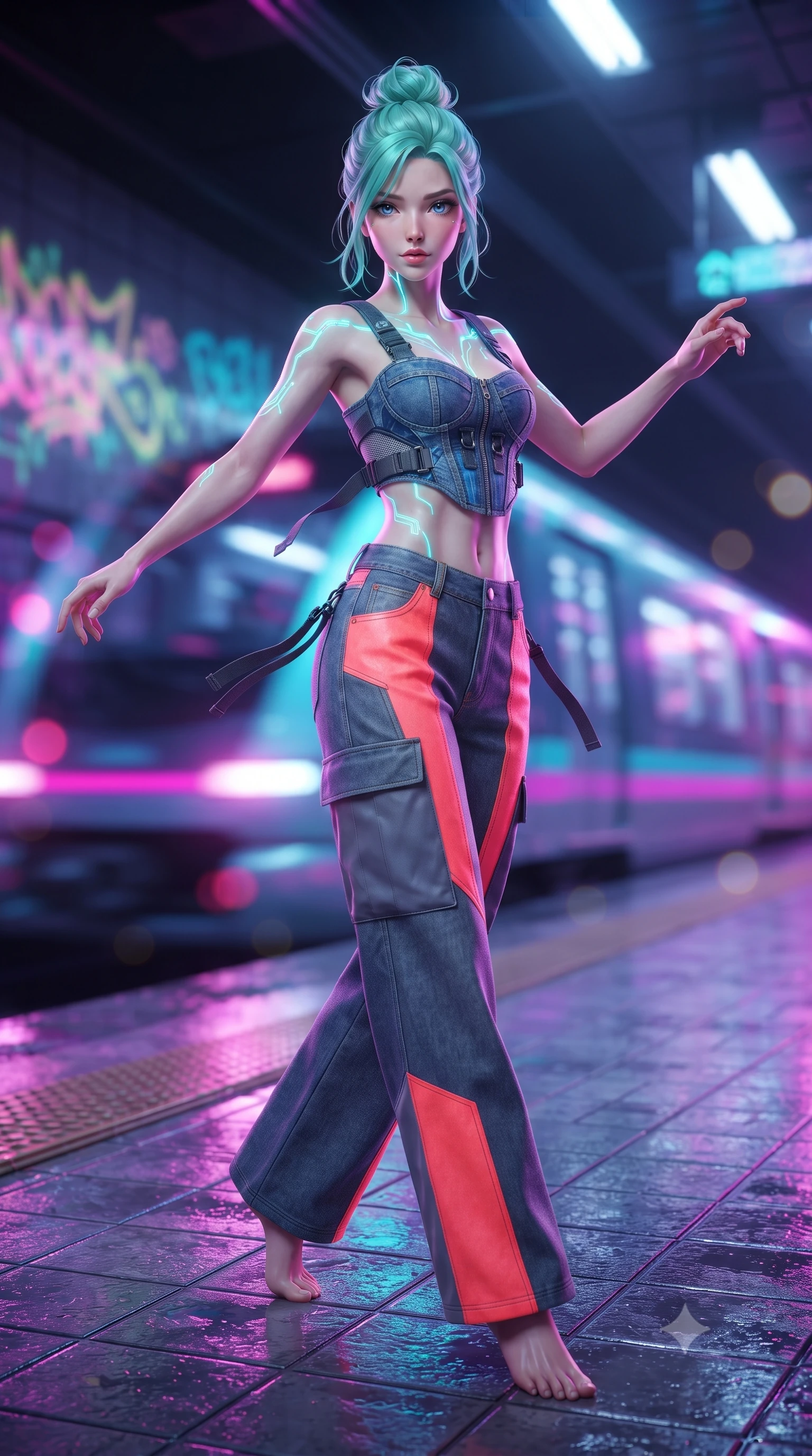 score_9, masterpiece, best quality, ultra-detailed, high-budget anime keyframe, editorial fashion photography, tasteful artistic composition, Japanese woman. low angle full-body shot from head to toe showing her feet, filling the entire 9:16 vertical frame with her statuesque presence, stretching her vertical silhouette. executing an elegant mid-motion spin with effortless grace, her garments fluttering softly around her ultra-slim waistline while pivoting sharply on the wet tiled subway platform as an incoming neon-lit maglev train rushes past in a blur of light. The composition keeps background elements in soft focus with creamy bokeh. speeding maglev train motion blur and glowing neon graffiti tags blurred into vivid magenta, cyan, and violet bokeh. She has an absolutely perfect, statuesque 8.5-heads proportion, an exceptionally tall and slender model-like female figure with impossibly long slender legs, a toned flat midriff, and an ultra-slim waist. sharp v-shaped jawline, high-bridge nose, intricate jewel-like eyes with depth, thick eyelashes, glossy lips with a natural sheen, captivating and magnetic expression, flawlessly proportioned anatomical accuracy, strict slender model proportions, natural body alignment, perfectly sculpted long slender limbs, ultra-slim waistline, clean dynamic posture without body distortion. wearing a deconstructed denim corset crop top paired with high-waisted wide-leg utility jeans in blazing neon coral and graphite grey, crafted from flexible reflective spandex and tactical webbing, finished with glowing cyan status conduits tracing her collarbones, the glove-like aerodynamic second-skin fit tightly clinging to her ultra-slender waist and athletic curves without adding bulk, accentuating her razor-sharp statuesque lines and slim hourglass silhouette. surrounded by an edgy, electrifying, and irresistibly cool cyber-street idol aura. ultra-reflective glossy finish, specular highlights, rich textural contrasts, high-contrast stereoscopic depth, volumetric dynamic lighting, 2k, ultra detail, master piece, 9:16 ratio
