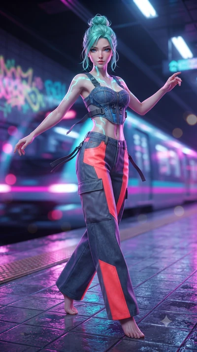 score_9, masterpiece, best quality, ultra-detailed, high-budget anime keyframe, editorial fashion photography, tasteful artistic composition, Japanese woman. low angle full-body shot from head to toe showing her feet, filling the entire 9:16 vertical