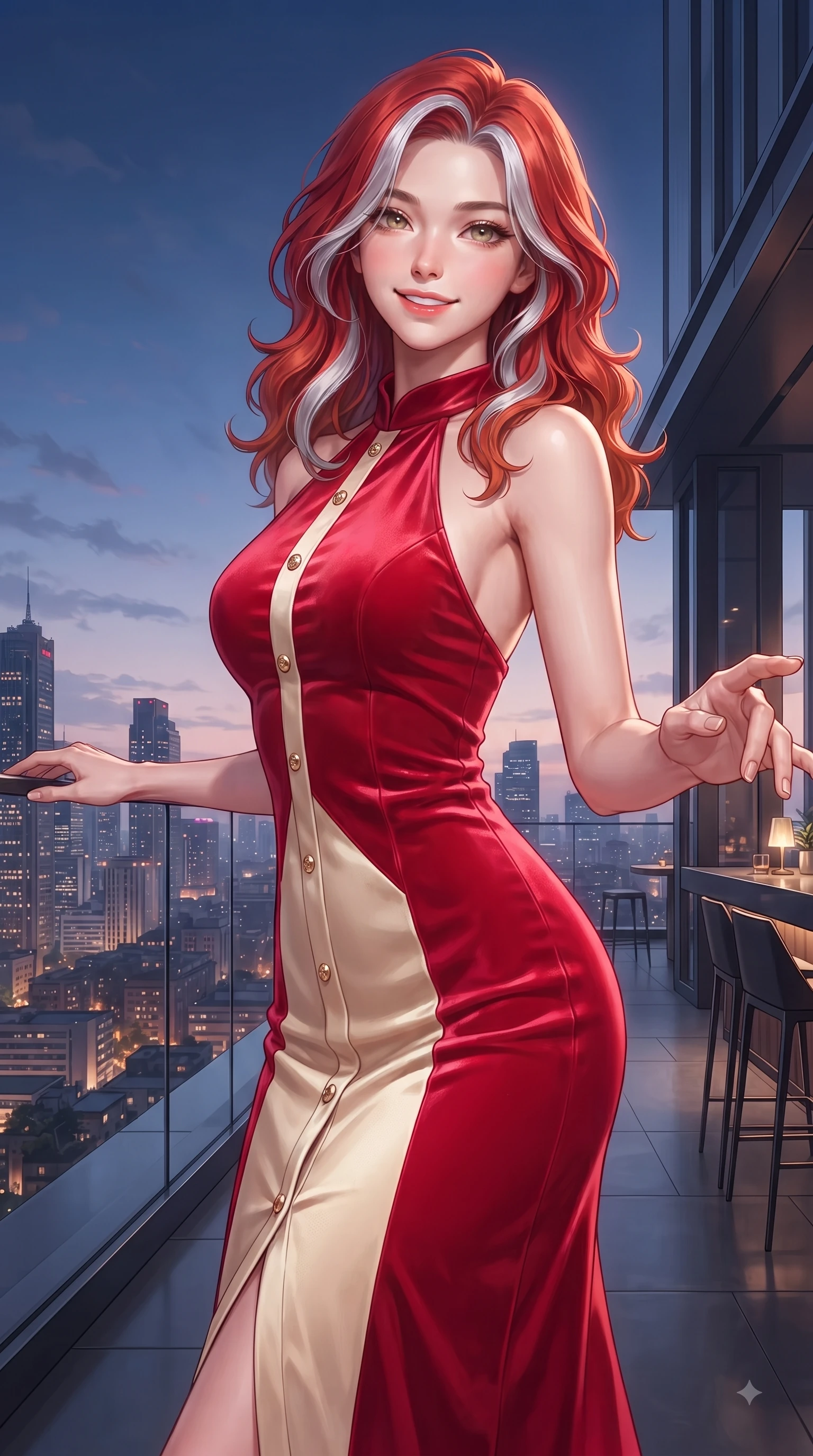 score_9, masterpiece, best quality, ultra-detailed, high-budget anime keyframe, editorial fashion photography, tasteful artistic composition, Caucasian woman. close-up cowboy shot from the waist and thighs up, the character dominates the composition, filling the frame with her large presence. Extending one arm in an elegant stretch toward the light while smiling with vibrant, youthful self-assurance while reaching one hand gracefully toward the city skyline view with a magnetic smile. The surrounding environment is rendered in vivid detail and crisp panoramic clarity. intricate city skyline details, twilight sky gradients, and modern architectural lines in high clarity. She has an exceptionally elegant, slender, and willowy female figure with an ultra-slim waist, a gracefully sculpted slender torso, and a refined silhouette. sharp v-shaped jawline, high-bridge nose, intricate jewel-like eyes with depth, thick eyelashes, glossy lips with a natural sheen, flawlessly proportioned anatomical accuracy, natural body alignment, perfectly sculpted elegant limbs, clean dynamic posture without body distortion. wearing a velvet halter-neck midi dress fitting her statuesque contour flawlessly in vivid crimson red and champagne cream, made of lustrous stretch velvet, adorned with delicate gold buttons along the front, the glove-like fit emphasizing her statuesque silhouette during motion. surrounded by a sophisticated, glamorous, and modern nightlife aura. ultra-reflective glossy finish, specular highlights, metallic sheen, high-contrast stereoscopic depth, volumetric dynamic lighting, 2k, ultra detail, master piece, 9:16 ratio