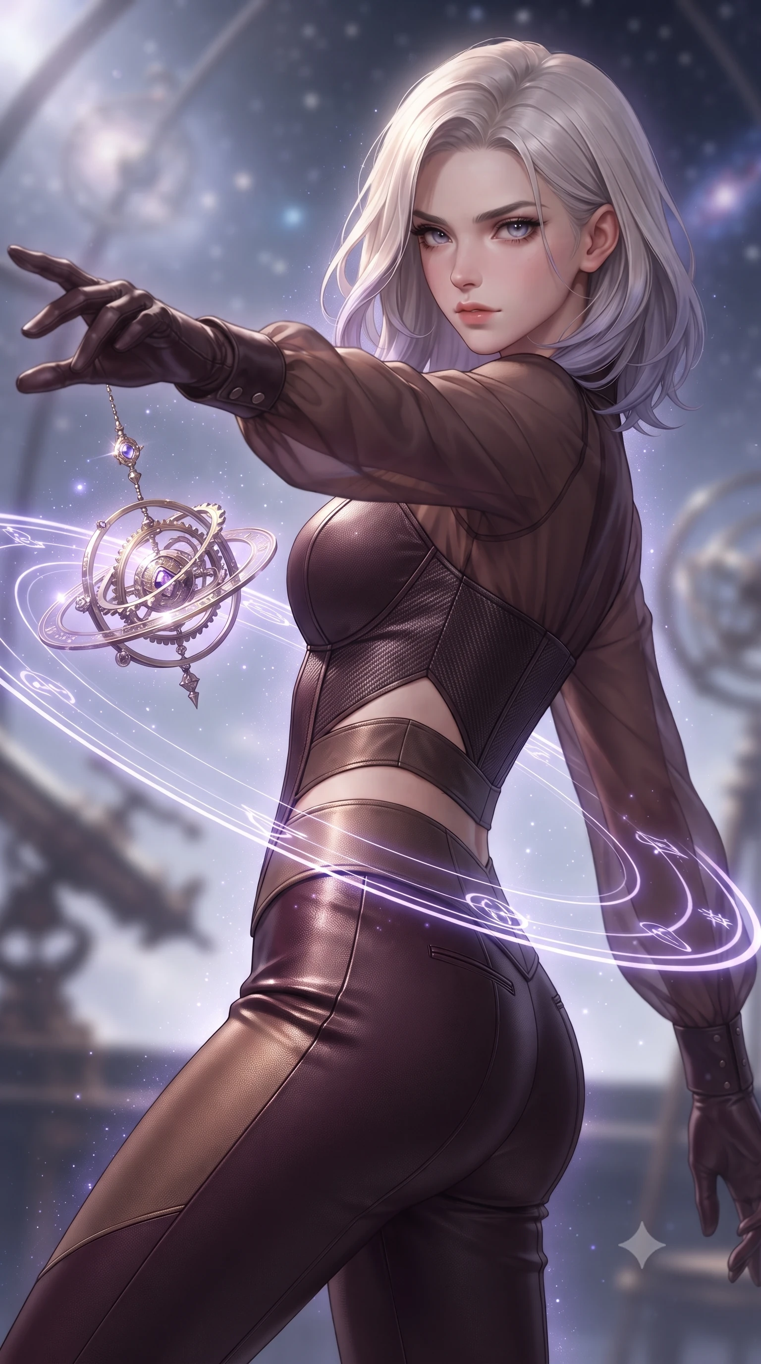 score_9, masterpiece, best quality, ultra-detailed, high-budget anime keyframe, editorial fashion photography, tasteful artistic composition, Caucasian woman. close-up cowboy shot from the waist and thighs up, the character dominates the composition, filling the frame with her large presence, background elements kept in soft focus. Pivoting sharply while looking back over her shoulder with heavy lashes and a confident, intense gaze while reaching her arm forward to intercept a floating planetary pendulum catching starlight, glowing orbital glyphs hovering in fluid circular paths around her torso. She has an exceptionally elegant, slender, and willowy female figure with an ultra-slim waist, a gracefully sculpted slender torso, and a refined silhouette. sharp v-shaped jawline, high-bridge nose, intricate jewel-like eyes with depth, thick eyelashes, glossy lips with a natural sheen, flawlessly proportioned anatomical accuracy, natural body alignment, perfectly sculpted elegant limbs, clean dynamic posture without body distortion. wearing a tailored leather bustier over a sheer silk chiffon blouse in deep burgundy and bronze, made of fine carbon-fiber weave and soft matte leather, featuring subtle geometric cutouts that highlight her ultra-slim midriff, the glove-like fit emphasizing her statuesque silhouette during motion. surrounded by a glowing aura of starlight and shimmering violet cosmic fill. ultra-reflective glossy finish, specular highlights, metallic sheen, high-contrast stereoscopic depth, volumetric dynamic lighting, 2k, ultra detail, master piece, 9:16 ratio