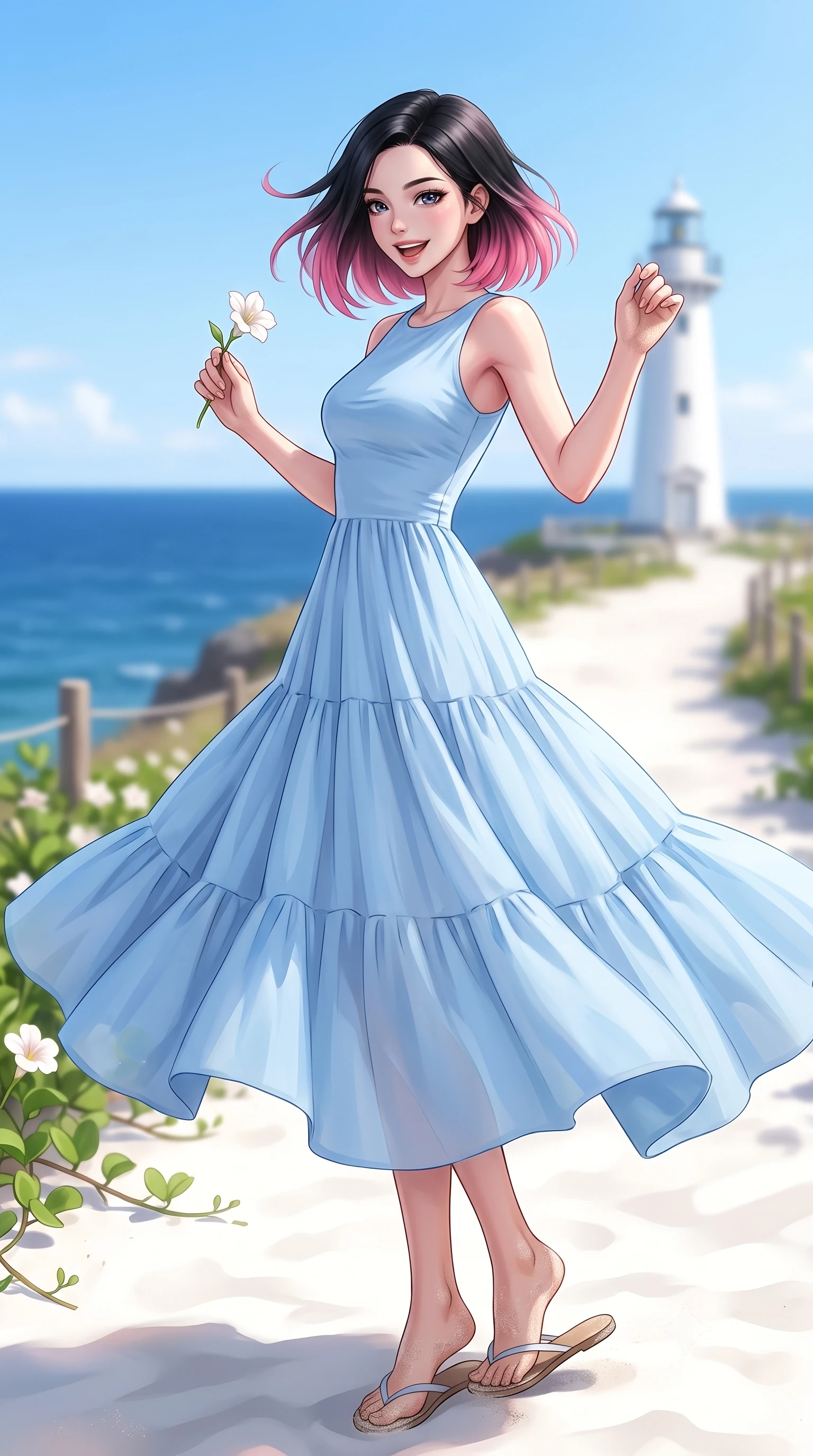 score_9, masterpiece, best quality, ultra-detailed, high-budget anime keyframe, editorial fashion photography, tasteful artistic composition, Korean woman. low angle full-body shot from head to toe showing her feet, filling the entire 9:16 vertical frame with her statuesque presence, stretching her vertical silhouette. twirling around with a playful, cute laugh, her skirt billowing beautifully in the air set against a soft-focus background of at a coastal lighthouse park path overlooking the deep blue sea holding a small white flower from a beach vine with a lovely smile. She has an absolutely perfect, statuesque 8.5-heads proportion, an exceptionally tall and slender model-like female figure with impossibly long slender legs and an ultra-slim waist. sharp v-shaped jawline, high-bridge nose, intricate jewel-like eyes with depth, thick eyelashes, glossy lips with a natural sheen. wearing form-contouring lovely tiered maxi dress in baby blue, featuring a relaxed silhouette. bright midday sun highlighting the white sand in a high-key clean glow. highly saturated vibrant anime colors, detailed shading with soft gradients, rich glossy textures, high-contrast stereoscopic depth, volumetric dynamic lighting, master piece, 9:16 ratio