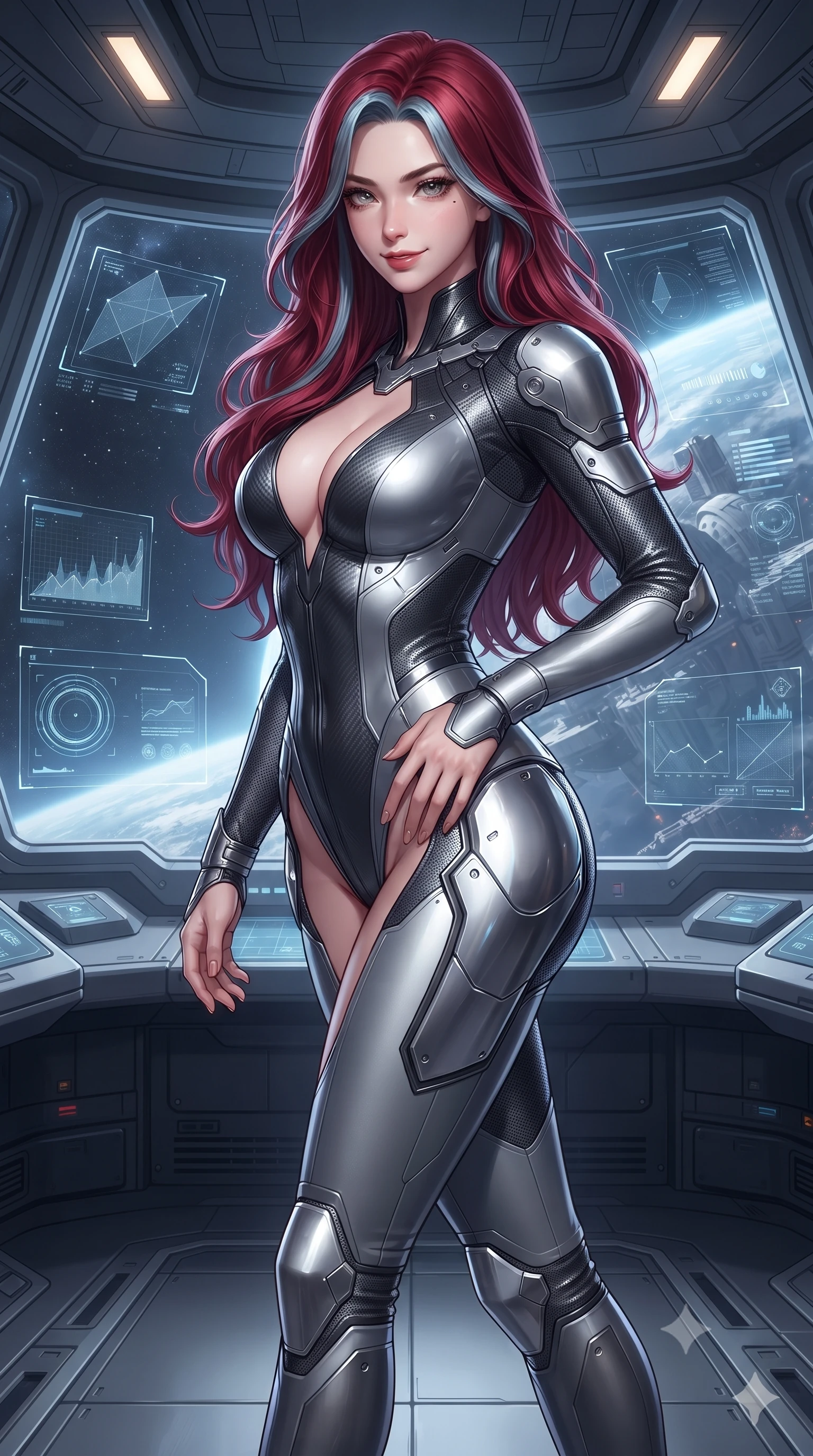 score_9, masterpiece, best quality, ultra-detailed, high-budget anime keyframe, editorial fashion photography, tasteful artistic composition, Caucasian woman. close-up cowboy shot from the waist and thighs up, the character dominates the composition, filling the frame with her large presence. turning slowly with a smoldering smile, her sleek hair catching the cockpit HUD rim light as her hips angle gracefully in a captivating contrapposto while pausing mid-stride with one hand touching her hip armor, her statuesque 8.5-heads silhouette commanding the vast cosmic panoramic vista. The surrounding environment is rendered in vivid detail and crisp panoramic clarity: detailed mesh fabric weave, starlight specular glints on armor, and orbital station architecture in razor-sharp clarity. She has an exceptionally elegant, slender, and willowy female figure with an ultra-slim waist, flat toned midriff, narrow ribcage, and sculpted feminine hips creating an alluring, slim hourglass silhouette without bulk. sharp v-shaped jawline, high-bridge nose, intricate jewel-like sparkling eyes with depth, thick eyelashes, glossy parted lips with a natural sheen, bright confident smile with an enchanting and coquettish sensual glint, exuding both youthful magnetic charm and sovereign high-tech allure, flawlessly proportioned anatomical accuracy, strict slender model proportions, natural body alignment, perfectly sculpted long slender limbs, ultra-slim waistline, clean dynamic posture without body distortion. wearing a glossy vinyl and carbon-fiber hybrid bodysuit with a plunging neckline and high-cut leg openings in reflective liquid mercury and matte phantom grey, made of high-grade ballistic nylon with precision laser-cut perforations, accented with strategically placed chrome armor plate guards covering key curves, the aerodynamic second-skin silhouette tightly following the natural contour of her hips and long slender legs with youthful 8.5-heads elegance. illuminated by internal skybridge LED pathway wash and sharp platinum rim lights defining her sculpted collarbones, ultra-slim waist, and curvy hips. ultra-reflective glossy finish, specular highlights, rich textural contrasts, high-contrast stereoscopic depth, volumetric dynamic lighting, 2k, ultra detail, master piece, 9:16 ratio