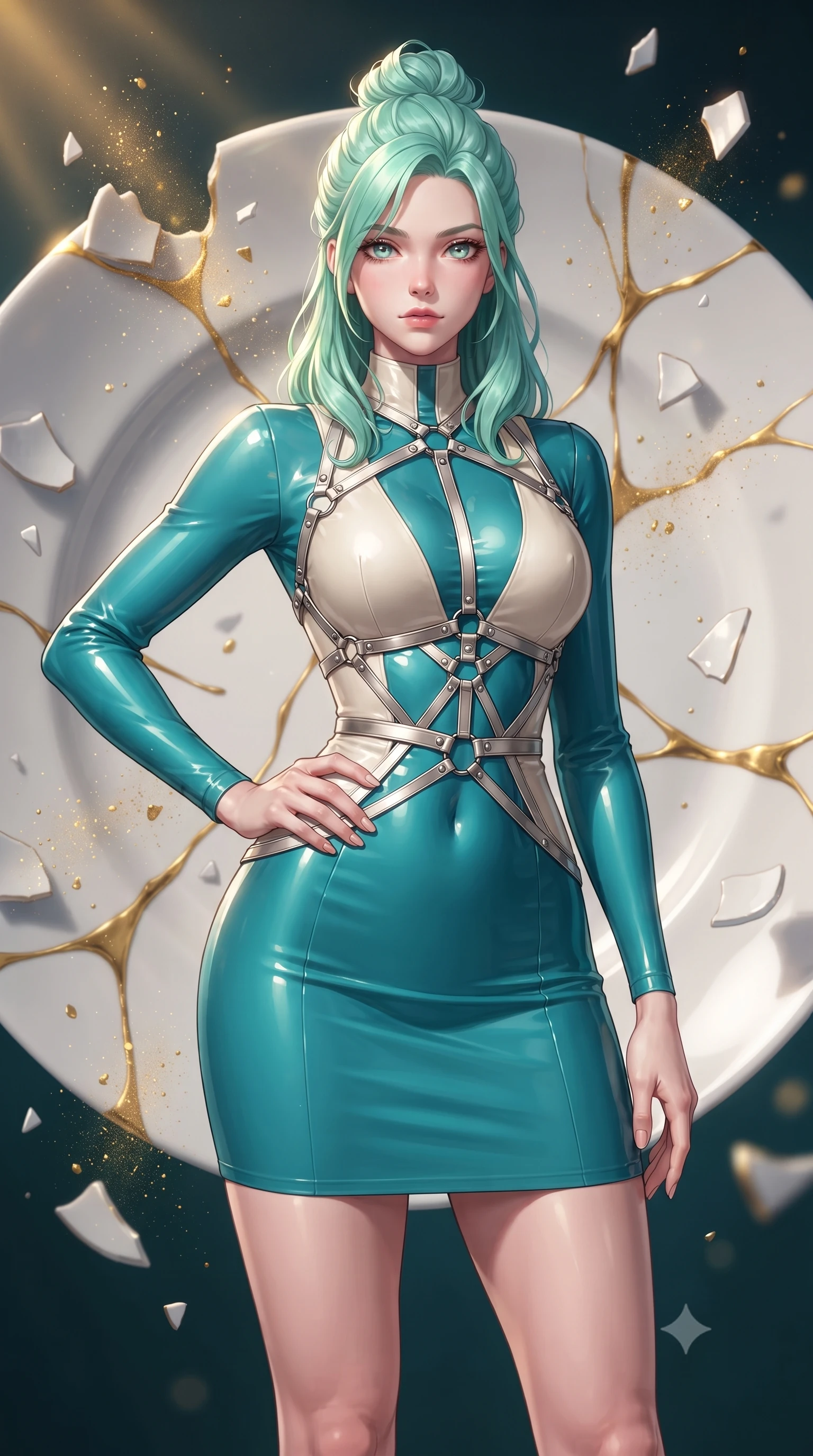 score_9, masterpiece, best quality, ultra-detailed, high-budget anime keyframe, editorial fashion photography, tasteful artistic composition, Japanese woman. close-up cowboy shot from the waist and thighs up, the character dominates the composition, filling the frame with her large presence, background elements kept in soft focus. Holding a confident power pose with one hand on her hip, standing before a giant porcelain ceramic plate joined with liquid golden kintsugi veins, shattered porcelain shards suspended gracefully in zero-gravity. She has an exceptionally elegant, slender, and willowy female figure with an ultra-slim waist, a gracefully sculpted slender torso, and a refined silhouette. sharp v-shaped jawline, high-bridge nose, intricate jewel-like eyes with depth, thick eyelashes, glossy lips with a natural sheen. wearing glove-like fit pale turquoise latex bodycon mini dress in sky blue turquoise, made of polished ivory leather, highlighted by a platinum metallic harness structure, highlighting her statuesque proportions and ultra-slim waistline. lit by sharp golden key rays highlighting porcelain glaze textures. highly saturated vibrant anime colors, detailed shading with soft gradients, rich glossy textures, high-contrast stereoscopic depth, volumetric dynamic lighting, master piece, 9:16 ratio
