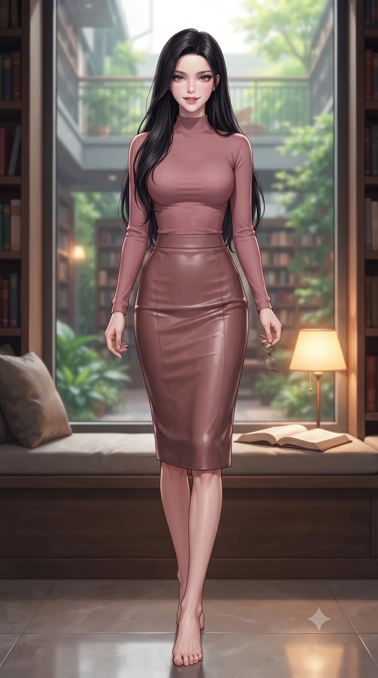 score_9, masterpiece, best quality, ultra-detailed, high-budget anime keyframe, editorial fashion photography, tasteful artistic composition, Korean woman. low angle full-body shot from head to toe showing her feet, filling the entire 9:16 vertical frame with her statuesque presence, stretching her vertical silhouette. stepping forward with an alluring, magnetic smile, her graceful posture highlighting her statuesque silhouette set against a soft-focus background of sitting on a window bench of a quiet library overlooking a green courtyard holding a pair of reading glasses in her hand with a warm, cute expression. She has an absolutely perfect, statuesque 8.5-heads proportion, an exceptionally tall and slender model-like female figure with impossibly long slender legs and an ultra-slim waist. sharp v-shaped jawline, high-bridge nose, intricate jewel-like eyes with depth, thick eyelashes, glossy lips with a natural sheen. wearing slim-fit form-fitting long-sleeve mock-neck top in dusty rose, paired with a slim-fit leather midi skirt. soft reading lamp light casting a warm, concentrated golden glow on her book. highly saturated vibrant anime colors, detailed shading with soft gradients, rich glossy textures, high-contrast stereoscopic depth, volumetric dynamic lighting, master piece, 9:16 ratio