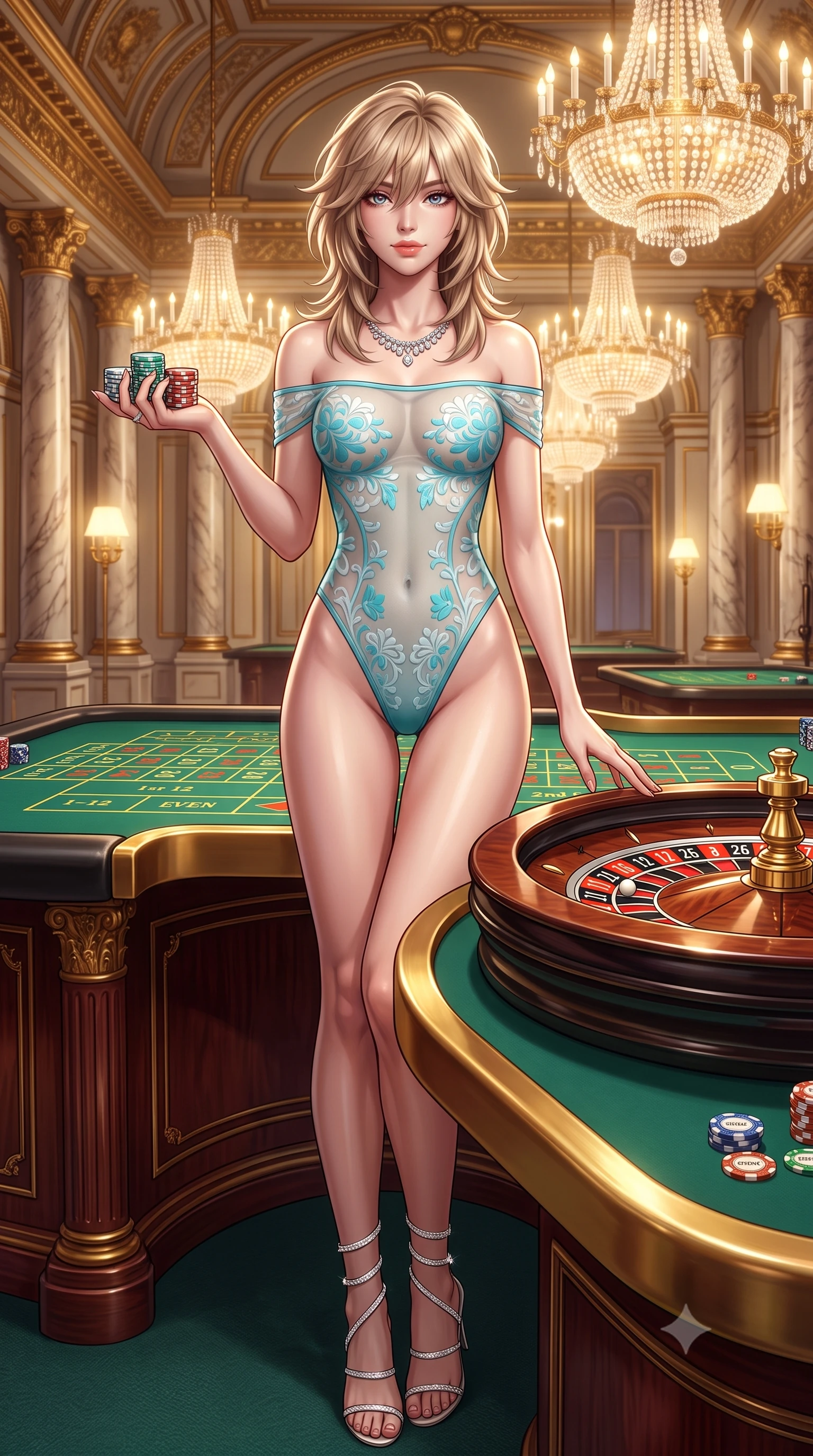 score_9, masterpiece, best quality, ultra-detailed, high-budget anime keyframe, semi-realistic 3D game render, editorial fashion photography, tasteful artistic composition, Japanese woman. low angle full-body shot from head to toe showing her feet, filling the entire 9:16 vertical frame with her statuesque presence, stretching her vertical silhouette. reclining gracefully across the plush chaise lounge with one leg extended, her sculpted silhouette and flat midriff radiating magnetic nocturnal glamour while standing poised beside the high-stakes roulette wheel with hips cocked back, holding casino chips while casting an intoxicating seductive smile. The surrounding environment is rendered in vivid detail and crisp panoramic clarity: detailed strapless boned corset gown weave, diamond riviere necklace sparkle, and Belle Époque palace interiors in razor-sharp precision. She has an absolutely perfect, statuesque 8.5-heads proportion, an exceptionally tall and slender model-like female figure with impossibly long slender legs, an ultra-slim waist, a flat toned midriff, narrow delicate ribcage, and beautifully sculpted feminine hips creating a graceful, slim hourglass silhouette without any bulky heaviness. sharp v-shaped jawline, high-bridge nose, sparkling eyes with hypnotic seductive depth, thick curled eyelashes, glossy parted lips with a natural dewy peach sheen, alluring bedroom-eyes with an enchanting coquettish smile, exuding magnetic siren charisma and sophisticated glamour, flawlessly proportioned anatomical accuracy, strict slender model proportions, natural body alignment, perfectly sculpted long slender limbs, ultra-slim waistline, clean dynamic posture without body distortion. wearing an off-the-shoulder sheer-illusion mesh bodysuit with strategic floral flocking and high-cut leg openings in Capri turquoise and pure pearl white, made of semi-opaque stretch illusion mesh with soft shadowy contours, complemented by strappy stiletto sandals with crystal ankle wraps accentuating her slender calves, the precision-cut side openings and low-back scoop framing her graceful spine and the sensual sweep of her slim, toned hips. bathed in brilliant warm 2900K crystal chandelier light spilling from towering ceilings mixed with focused table downlights. highly saturated vibrant anime colors, detailed shading with soft gradients, rich glossy textures, high-contrast stereoscopic depth, volumetric dynamic lighting, master piece, 9:16 ratio