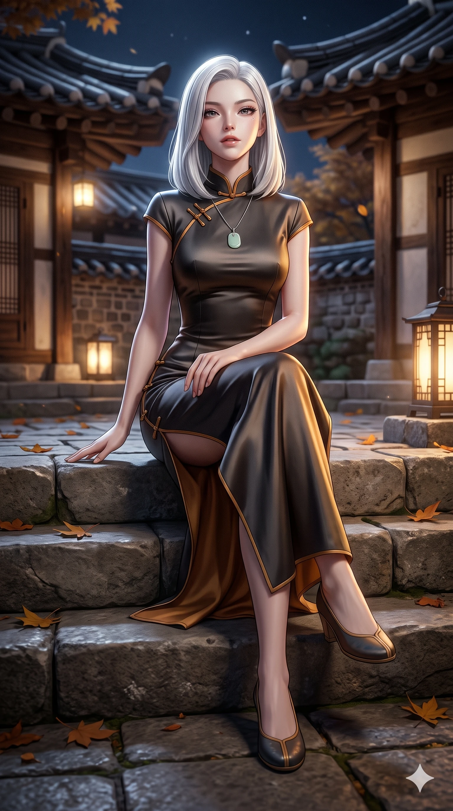 score_9, masterpiece, best quality, ultra-detailed, high-budget anime keyframe, semi-realistic 3D game render, editorial fashion photography, tasteful artistic composition, Korean woman. low angle full-body shot from head to toe showing her feet, filling the entire 9:16 vertical frame with her statuesque presence, stretching her vertical silhouette. sitting poised on the stone steps with one knee bent, arching her spine with supermodel elegance as she glances upward through thick eyelashes while stepping gracefully across the courtyard flagstones with supermodel poise, looking into the lens with quiet, magnetic self-assurance. The background shows a soft-focus historic Korean hanok courtyard softened in tranquil autumn night shallow focus. She has an absolutely perfect, statuesque 8.5-heads proportion, an exceptionally tall and slender model-like female figure with impossibly long slender legs, an ultra-slim waist, a flat toned midriff, narrow delicate ribcage, and beautifully sculpted feminine hips creating a graceful, slim hourglass silhouette without any bulky heaviness. sharp v-shaped jawline, high-bridge nose, sparkling eyes with hypnotic seductive depth, thick curled eyelashes, glossy parted lips with a natural dewy peach sheen, alluring bedroom-eyes with an enchanting coquettish smile, exuding magnetic siren charisma and sophisticated glamour, flawlessly proportioned anatomical accuracy, strict slender model proportions, natural body alignment, perfectly sculpted long slender limbs, ultra-slim waistline, clean dynamic posture without body distortion. wearing a refined high-collar fusion qipao evening column gown with structured shoulders and modest jade toggle clasps in smoked agarwood charcoal and warm honey amber, tailored from smooth liquid silk satin with a natural dewy moonlight sheen, finished with a minimalist celadon porcelain pendant on a fine silk cord, the bespoke structured tailoring following the natural line of her 8.5-heads silhouette with refined elegance. bathed in crisp autumn moonlight washing across curved clay roof tiles and stone courtyards. highly saturated vibrant anime colors, detailed shading with soft gradients, rich glossy textures, high-contrast stereoscopic depth, volumetric dynamic lighting, master piece, 9:16 ratio