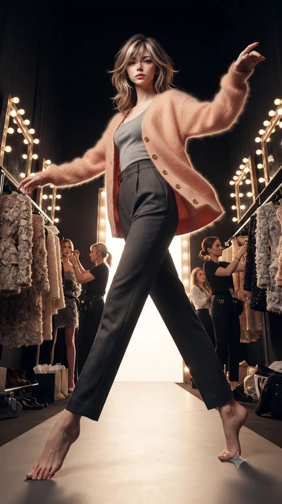 score_9, masterpiece, best quality, ultra-detailed, high-budget anime keyframe, editorial fashion photography, tasteful artistic composition, Japanese woman. low angle full-body shot from head to toe showing her feet, filling the entire 9:16 vertical