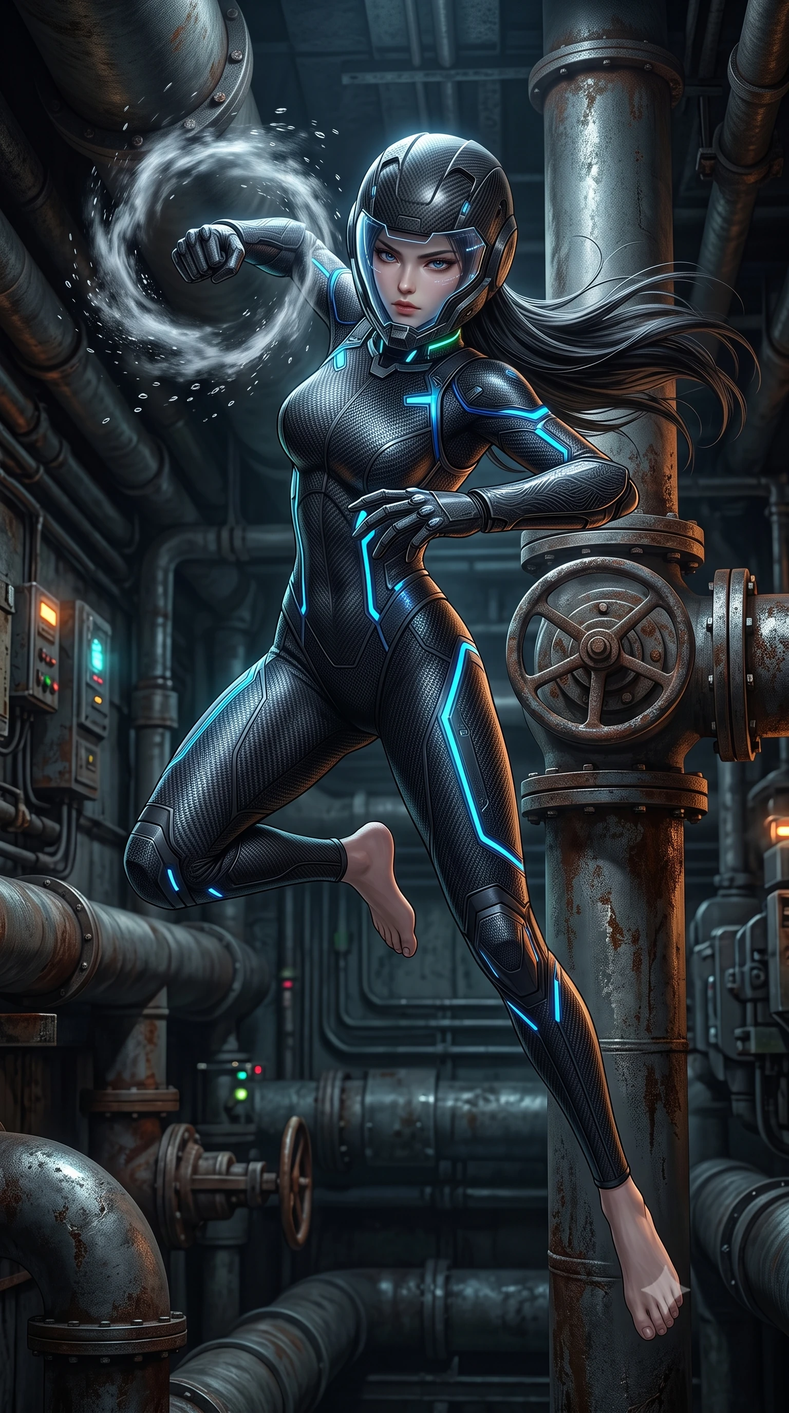 score_9, masterpiece, best quality, ultra-detailed, high-budget anime keyframe, semi-realistic 3D game render, editorial fashion photography, tasteful artistic composition, Korean woman. low angle full-body shot from head to toe showing her feet, filling the entire 9:16 vertical frame with her statuesque presence, stretching her vertical silhouette. leaping into mid-air with an athletic yet alluring arch of her spine, driving a downward kinetic strike surrounded by a ring of displaced air while resting against a massive drainage valve pipe with arms crossed loosely, casting a smoldering, direct gaze into the lens. The surrounding environment is rendered in vivid detail and crisp panoramic clarity. deep subterranean chiaroscuro and raw industrial conduit engineering rendered with precision. She has an absolutely perfect, statuesque 8.5-heads proportion, an exceptionally tall and slender model-like female figure with impossibly long slender legs, a toned flat midriff, and an ultra-slim waist. sharp v-shaped jawline, high-bridge nose, intricate jewel-like eyes with depth, thick eyelashes, glossy lips with a natural sheen, fierce and resolute heroine expression, flawlessly proportioned anatomical accuracy, strict slender model proportions, natural body alignment, perfectly sculpted long slender limbs, ultra-slim waistline, clean dynamic posture without body distortion. wearing an open-face aerodynamic carbon-fiber combat helmet with a retracted transparent holographic HUD visor framing her sharp jawline and jewel-like eyes, paired with a skin-tight dark carbon-weave combat bodysuit with glowing neon energy conduits and reinforced Damascus-pattern forearm strike guards in matte battle-worn obsidian carbon with electric cyan hazard conduits, tailored from flexible second-skin ballistic carbon-mesh adhering flawlessly to her athletic build, featuring a sleek aerodynamic collar framed by subtle glowing cybernetic status LEDs, the liquid-tight tailored fabric emphasizing every curve of her tall, slender model proportions and sculptured silhouette during dynamic movement. surrounded by an agile, lethal, and breathtakingly athletic aquatic infiltration operative aura. rich saturated anime colors with glowing neon highlights, detailed shading with soft gradients, rich glossy textures, high-contrast stereoscopic depth, volumetric dynamic lighting, master piece, 9:16 ratio
