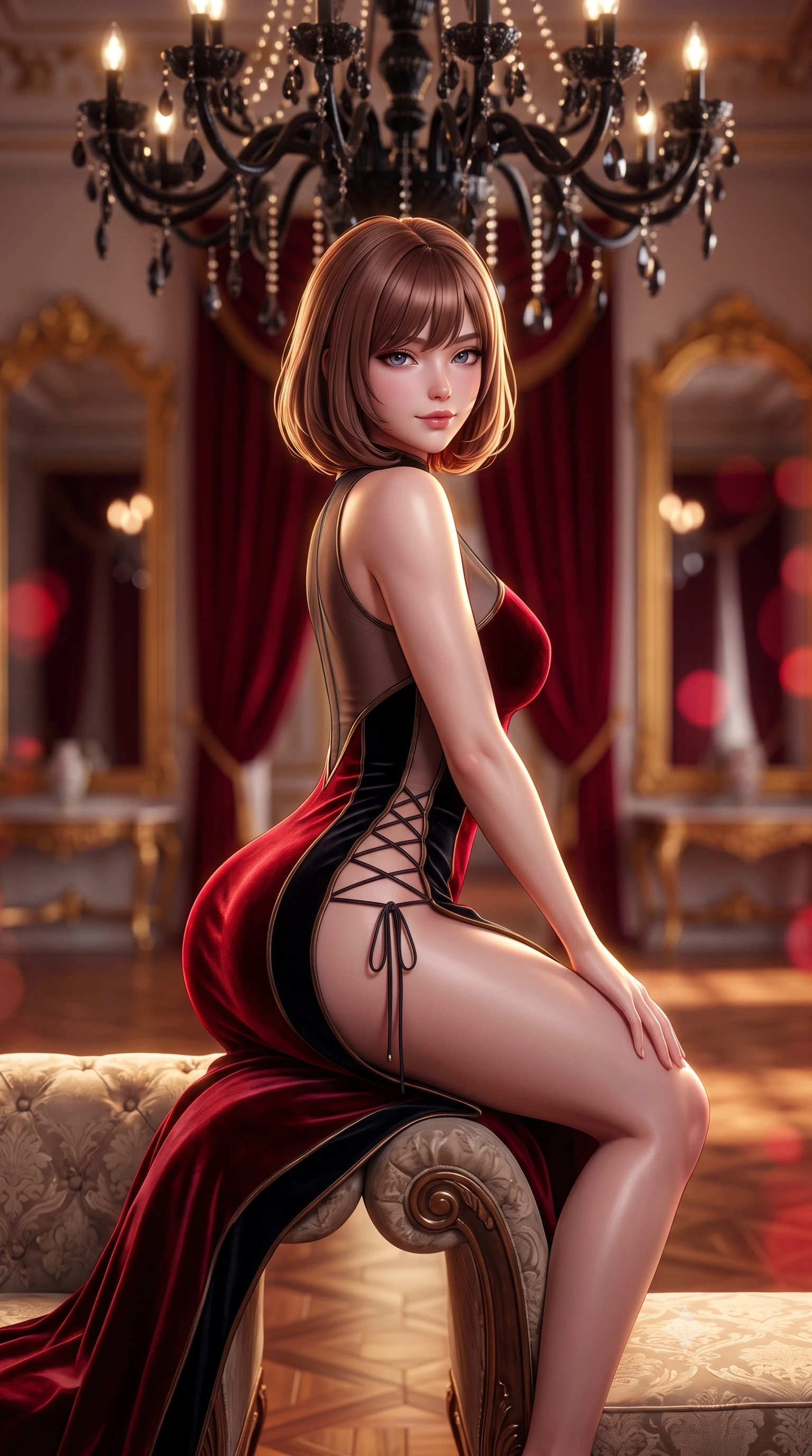 score_9, masterpiece, best quality, ultra-detailed, high-budget anime keyframe, semi-realistic 3D game render, editorial fashion photography, tasteful artistic composition, Caucasian woman. close-up cowboy shot from the waist and thighs up, the character dominates the composition, filling the frame with her large presence. perched sideways on the lounge seat, one knee drawn up to showcase her slender leg line while her arched back accentuates her feminine hip curve while standing poised in the center of the vast deserted ballroom under a colossal black-crystal chandelier, arching her back with supreme elegance. The background shows a soft-focus colossal black crystal chandeliers, soaring gold-leaf mirrors, and heavy crimson velvet drapery blurred into ruby, obsidian, and champagne bokeh. She has an exceptionally elegant, slender, and willowy female figure with an ultra-slim waist, flat toned midriff, narrow ribcage, and sculpted feminine hips creating an alluring, slim hourglass silhouette without bulk. sharp v-shaped jawline, high-bridge nose, sparkling eyes with hypnotic seductive depth, thick curled eyelashes, glossy parted lips with a natural dewy peach sheen, alluring bedroom-eyes with an enchanting coquettish smile, exuding magnetic siren charisma and sophisticated glamour, flawlessly proportioned anatomical accuracy, strict slender model proportions, natural body alignment, perfectly sculpted long slender limbs, ultra-slim waistline, clean dynamic posture without body distortion. wearing a provocative sheer illusion mesh column gown with opaque geometric panels strategically hugging her curves in deep blood-red velvet and midnight obsidian black with antique bronze trims, tailored from ultra-plush velvet with rich tactile depth and deep shadow gradients, finished with fine criss-cross lace-up side ties revealing tantalizing glimpses of her hip curve, the liquid-tight tailored fabric clinging flawlessly to her narrow waist and rounded feminine hips, emphasizing every millimeter of her sculpted slim hourglass curves without any bulky heaviness. illuminated by parquet floor reflection fill and sharp golden rim lights defining her razor-sharp jawline, narrow waist, and curvy hips. highly saturated vibrant anime colors, detailed shading with soft gradients, rich glossy textures, high-contrast stereoscopic depth, volumetric dynamic lighting, master piece, 9:16 ratio