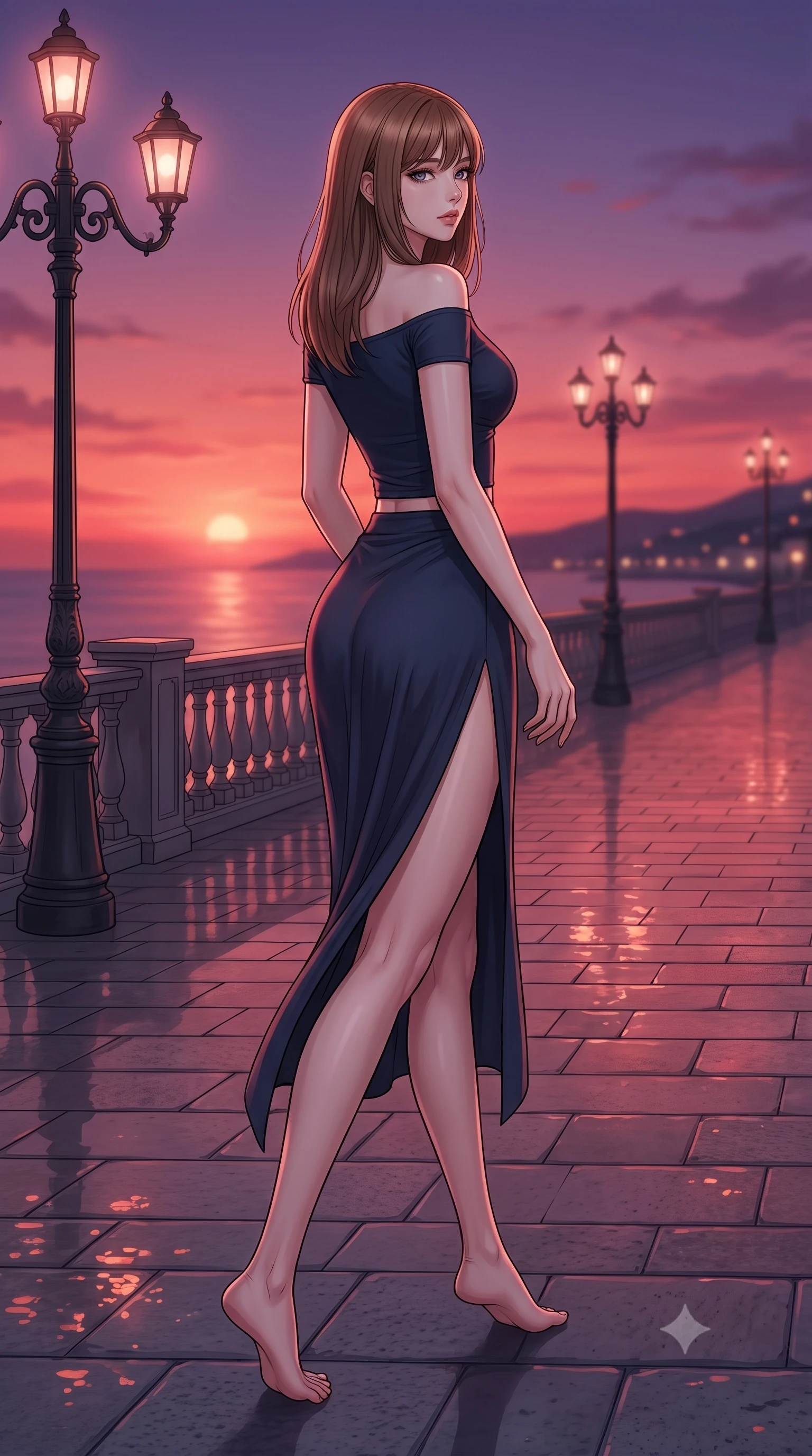 score_9, masterpiece, best quality, ultra-detailed, high-budget anime keyframe, editorial fashion photography, tasteful artistic composition, Korean woman woman. low angle full-body shot from head to toe showing her feet, filling the entire 9:16 vertical frame with her statuesque presence, stretching her vertical silhouette. stepping gracefully while looking back over her shoulder, her dress draped tightly to reveal her silhouette the background shows a soft-focus a paved promenade with classic lamp posts overlooking a calm sea at sunset. She has an absolutely perfect, statuesque 8.5-heads proportion, an exceptionally tall and slender model-like female figure with impossibly long slender legs and an ultra-slim waist. sharp v-shaped jawline, high-bridge nose, intricate jewel-like eyes with depth, thick eyelashes, glossy lips with a natural sheen. wearing a slim-fit asymmetric off-shoulder top paired with a high-slit midi skirt, revealing a glimpse of her clavicle lines. the warm red and violet glow of twilight reflecting on the pavement. 2k, ultra detail, master piece, 9:16 ratio