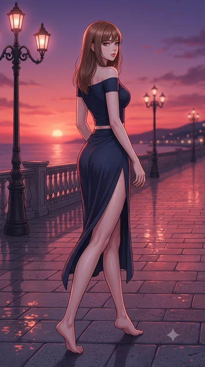 score_9, masterpiece, best quality, ultra-detailed, high-budget anime keyframe, editorial fashion photography, tasteful artistic composition, Korean woman woman. low angle full-body shot from head to toe showing her feet, filling the entire 9:16 vert