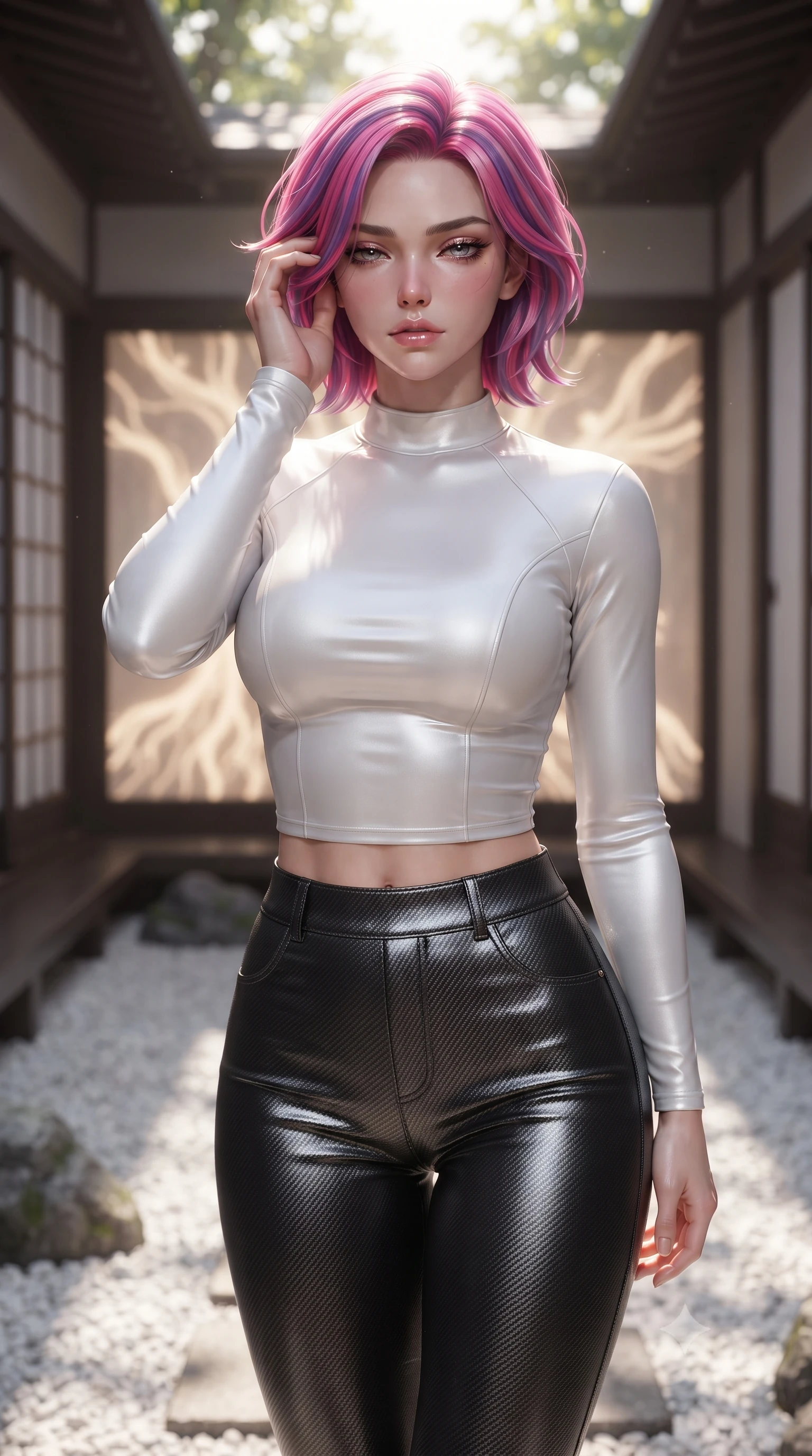 score_9, masterpiece, best quality, ultra-detailed, high-budget anime keyframe, editorial fashion photography, tasteful artistic composition, Caucasian woman. close-up cowboy shot from the waist and thighs up, the character dominates the composition, filling the frame with her large presence, background elements kept in soft focus. gently touching the side of her temple, casting a heavy-lidded, sultry look past the camera, the background shows a soft-focus a rock garden corridor with sliding doors showing digital banyan roots. She has an exceptionally elegant, slender, and willowy female figure with an ultra-slim waist, a gracefully sculpted slender torso, and a refined silhouette. sharp v-shaped jawline, high-bridge nose, intricate jewel-like eyes with depth, thick eyelashes, glossy lips with a natural sheen. wearing a tailored body-hugging long-sleeve tactical crop top in pure white, paired with high-waisted black carbon-weave skinny pants. dappled sunlight filtering through glowing leaves onto the white gravel path. ultra-reflective glossy finish, specular highlights, metallic sheen, high-contrast stereoscopic depth, volumetric dynamic lighting, 2k, ultra detail, master piece, 9:16 ratio