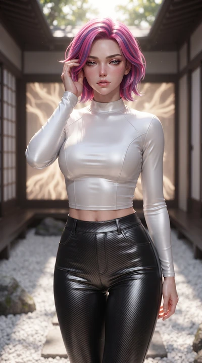 score_9, masterpiece, best quality, ultra-detailed, high-budget anime keyframe, editorial fashion photography, tasteful artistic composition, Caucasian woman. close-up cowboy shot from the waist and thighs up, the character dominates the composition,