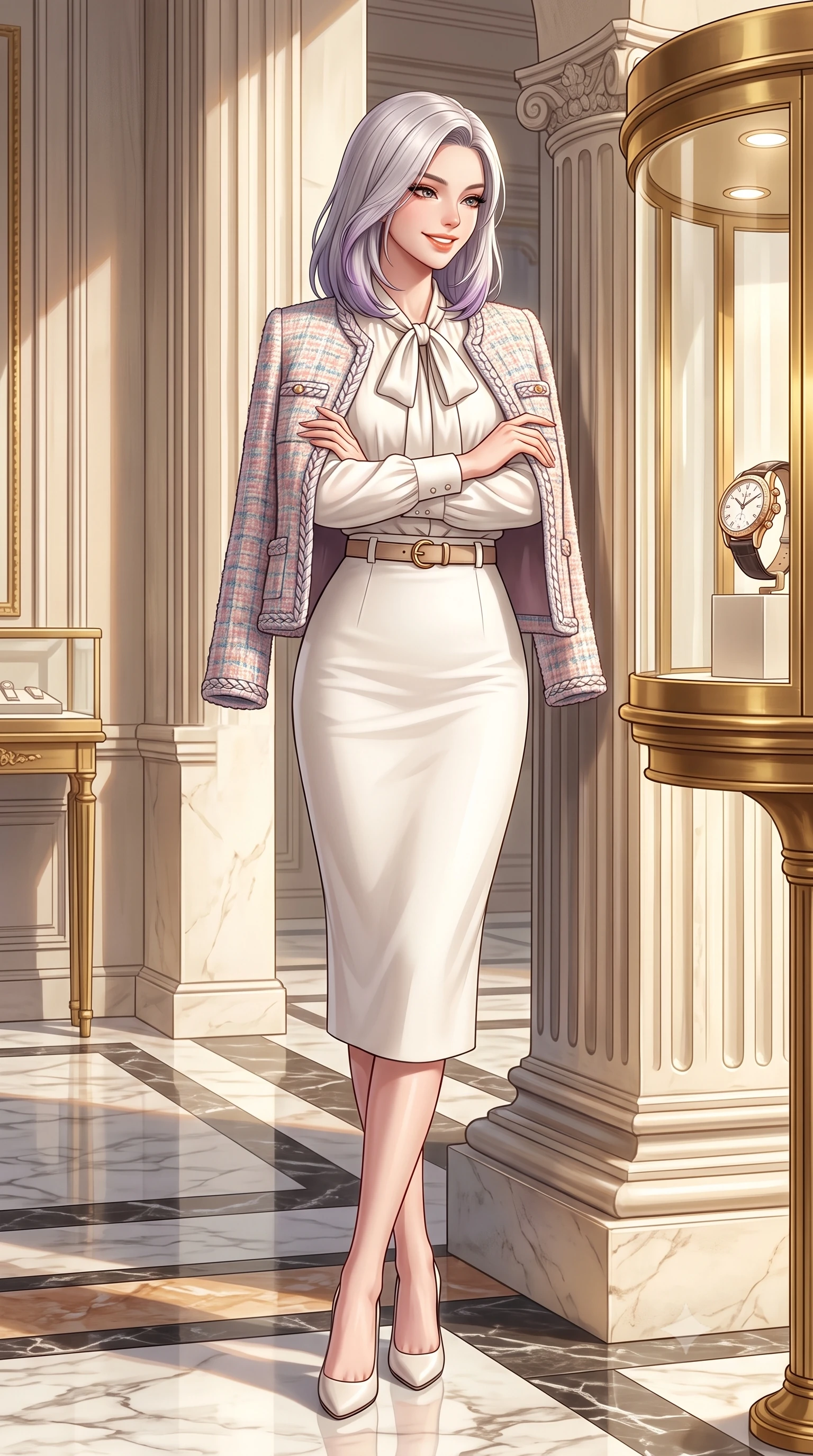 score_9, masterpiece, best quality, ultra-detailed, high-budget anime keyframe, semi-realistic 3D game render, editorial fashion photography, tasteful artistic composition, Caucasian woman. low angle full-body shot from head to toe showing her feet, filling the entire 9:16 vertical frame with her statuesque presence, stretching her vertical silhouette. leaning lightly against the sunlit architectural column with arms crossed loosely, flashing a warm, confident smile while leaning gracefully against the curved gilded vitrine examining a luxury timepiece, her posture straight and commanding with aristocratic cool. The surrounding environment is rendered in vivid detail and crisp panoramic clarity: detailed Chanel-inspired pastel tweed jacket weave, braided trim borders, and premier Parisian interior architecture in razor-sharp precision. She has an exceptionally tall and slender model-like 8.5-heads proportion, an ultra-slim waist, a flat toned midriff, narrow delicate ribcage, and beautifully sculpted feminine hips creating a graceful, slim hourglass silhouette without any bulky heaviness, with impossibly long slender legs. sharp v-shaped jawline, high-bridge nose, intricate jewel-like sparkling eyes with depth, thick eyelashes, glossy parted lips with a natural peach sheen, bright cheerful beaming smile with an enchanting and coquettish sensual glint, exuding both youthful cute charm and seductive allure, flawlessly proportioned anatomical accuracy, strict slender model proportions, natural body alignment, perfectly sculpted long slender limbs, ultra-slim waistline, clean dynamic posture without body distortion. wearing a fluid silk crepe pussy-bow blouse paired with a high-waisted tailored pencil midi skirt and slim leather belt in Swiss alpine snow white and oat cashmere, tailored from heritage British Harris Tweed with rich multi-tonal yarn weave, finished with a smooth equestrian bridle-leather belt with a polished brass horseshoe buckle, the expertly draped wool fabric falling in crisp fluid lines along her tall 8.5-heads silhouette, celebrating her slender frame without excess fabric bulk. illuminated by polished marble floor bounce and pristine champagne rim lights defining her razor-sharp jawline and elegant tailored silhouette. highly saturated vibrant anime colors, detailed shading with soft gradients, rich glossy textures, high-contrast stereoscopic depth, volumetric dynamic lighting, master piece, 9:16 ratio