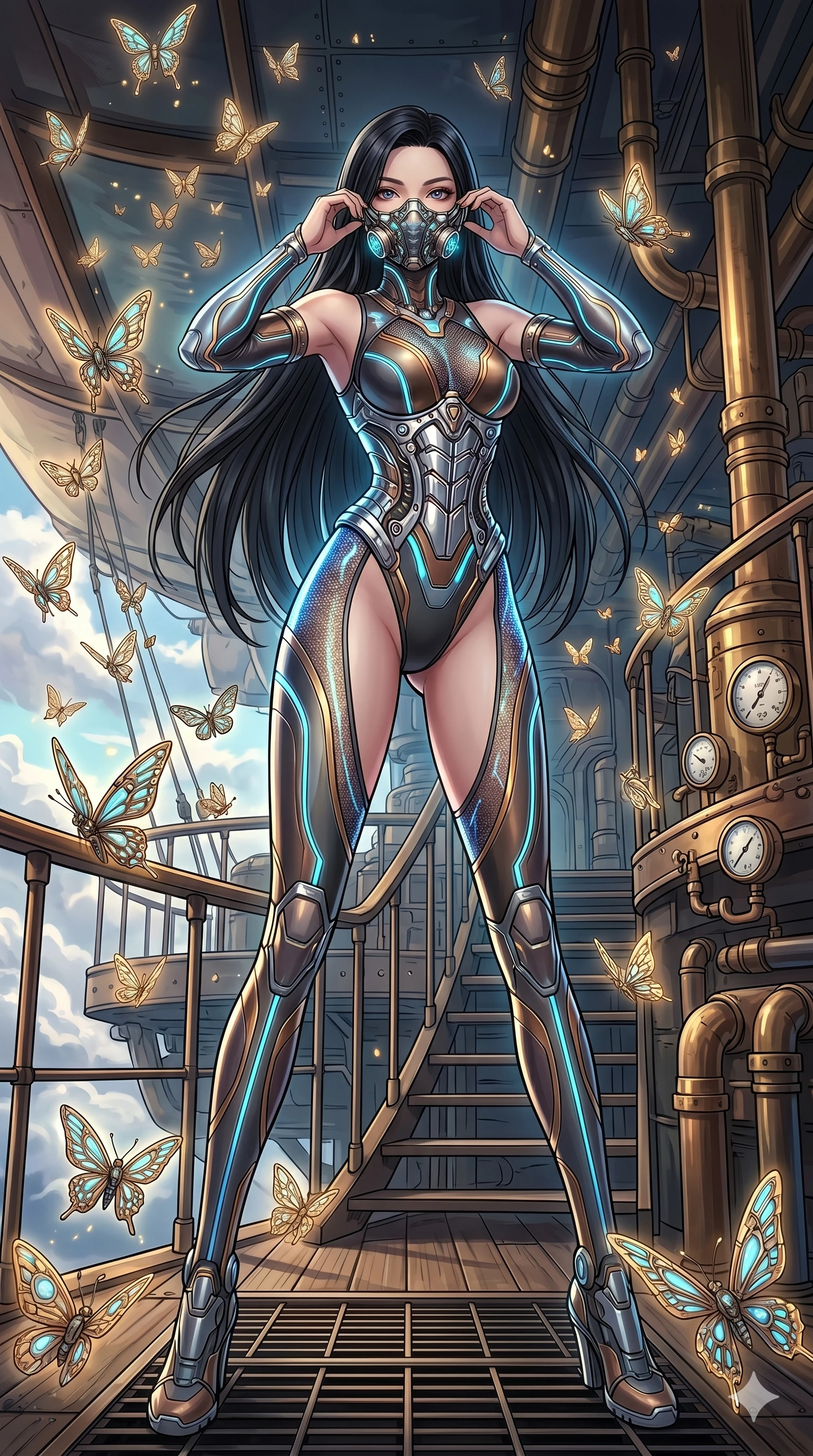 score_9, masterpiece, best quality, ultra-detailed, high-budget anime movie keyframe, cinematic anime lighting, intricate line art, Caucasian (strictly human ears) woman. Low angle cowboy shot filling the entire 9:16 frame with her statuesque presence. adjusting a glowing mask in a steampunk airship deck surrounded by glowing butterflies. She has an absolutely perfect 8-heads proportion, an exceptionally tall and slender female figure with an ultra-slim waist and impossibly long slender legs. sharp v-shaped jawline, high-bridge nose, intricate jewel-like eyes, thick eyelashes, glossy lips. Wearing asymmetrical high-cut tech-bodysuit with detached glowing sleeves, chrome-plated mechanical corset, and bioluminescent mesh panels clinging to her slender figure. The scene is illuminated by dramatic atmospheric lighting and vibrant color palettes. , 2k, ultra detail, master piece, 9:16 ratio