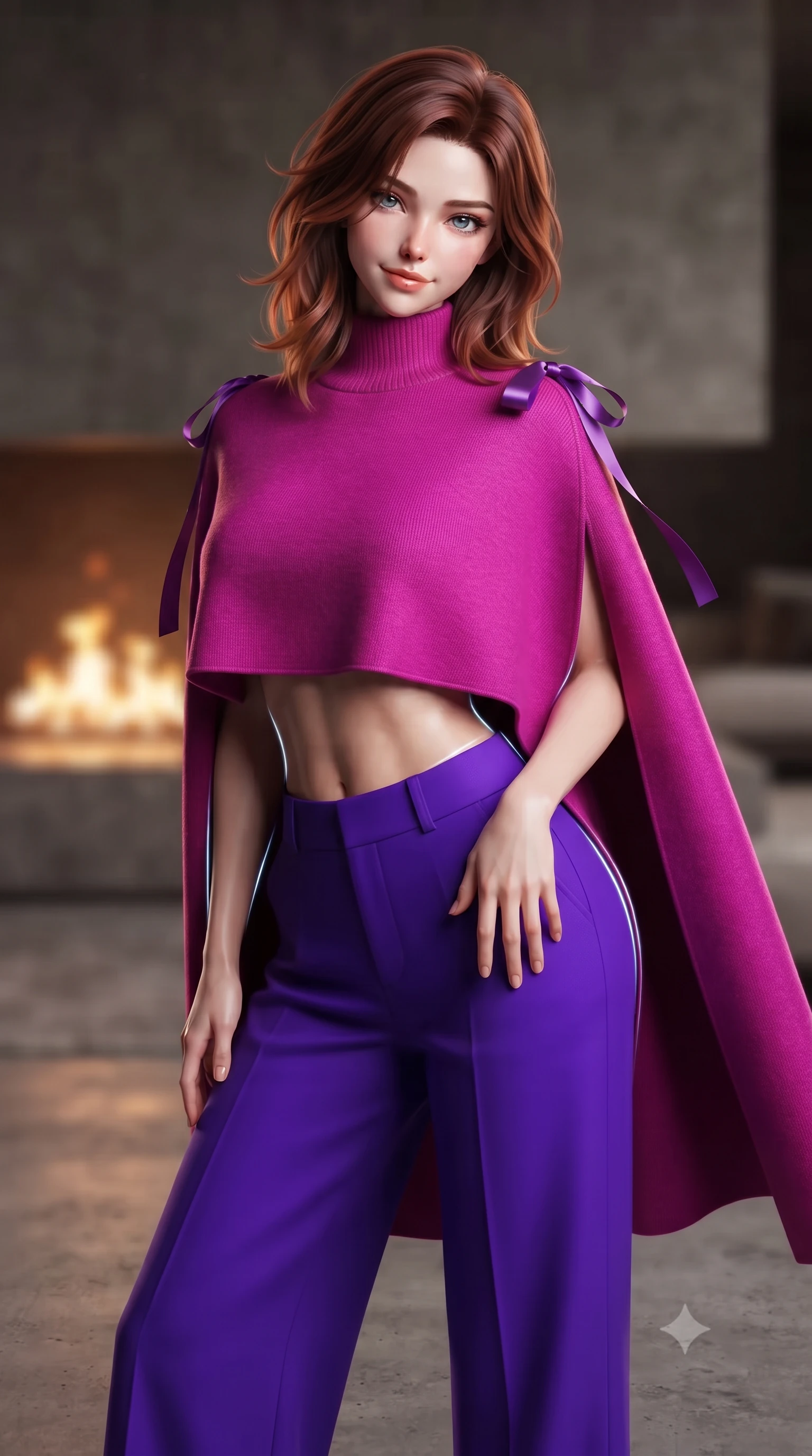 score_9, masterpiece, best quality, ultra-detailed, high-budget anime keyframe, editorial fashion photography, tasteful artistic composition, Korean woman. close-up cowboy shot from the waist and thighs up, the character dominates the composition, filling the frame with her large presence. tilting her head with a teasing half-smile, running one hand slowly down the side of her hip in a flirtatious S-curve as ambient light caresses her silhouette while twisting her slender torso in an alluring contrapposto stance on the concrete deck, starlight and interior fireplace glows tracing her flat midriff. The background shows a soft-focus interior minimalist hearth flames softened in avant-garde architectural sanctuary shallow focus. She has an exceptionally elegant, slender, and willowy female figure with an ultra-slim waist, flat toned midriff, narrow ribcage, and sculpted feminine hips creating an alluring, slim hourglass silhouette without bulk. sharp v-shaped jawline, high-bridge nose, intricate jewel-like sparkling eyes with depth, thick eyelashes, glossy parted lips with a natural peach sheen, bright cheerful beaming smile with an enchanting and coquettish sensual glint, exuding both youthful cute charm and seductive allure, flawlessly proportioned anatomical accuracy, strict slender model proportions, natural body alignment, perfectly sculpted long slender limbs, ultra-slim waistline, clean dynamic posture without body distortion. wearing a bespoke high-neck cashmere knit cape coat paired with tailored wide-leg wool trousers in Supertree bioluminescent magenta and electric violet, crafted from bespoke double-faced cashmere with an exceptionally soft tactile finish, finished with satin ribbon ties at the shoulders fluttering in the gentle breeze, the bespoke structured tailoring following the natural line of her 8.5-heads silhouette with refined elegance. illuminated by concrete floor bounce and sharp starlight-platinum rim lights sculpting her jawline, narrow waist, and curvy hips. ultra-reflective glossy finish, specular highlights, rich textural contrasts, high-contrast stereoscopic depth, volumetric dynamic lighting, 2k, ultra detail, master piece, 9:16 ratio