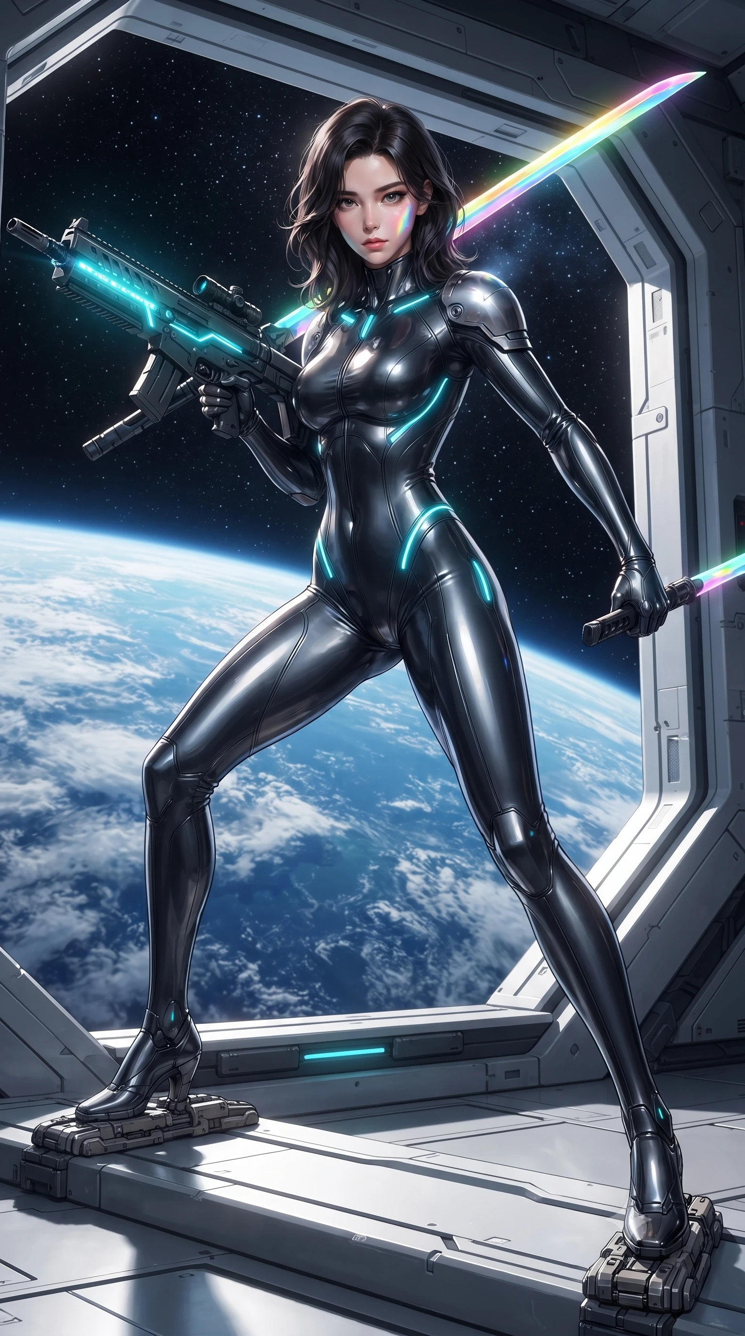 score_9, masterpiece, best quality, ultra-detailed, high-budget anime keyframe, editorial fashion photography, tasteful artistic composition, Korean woman. low angle full-body shot from head to toe showing her feet, filling the entire 9:16 vertical frame with her statuesque presence, stretching her vertical silhouette. performing an alluring mid-air combat landing with flawless poise, looking directly into the camera with regal, deadly intensity while standing poised near the massive open airlock of a zero-gravity orbital hangar while aiming a sleek carbon railgun rifle toward the cosmos. The surrounding environment is rendered in vivid detail and crisp panoramic clarity. detailed magnetic boot clamp seams, Earth's atmospheric cloud patterns, and titanium gantry in high clarity. She has an absolutely perfect, statuesque 8.5-heads proportion, an exceptionally tall and slender model-like female figure with impossibly long slender legs, a toned flat midriff, and an ultra-slim waist. sharp v-shaped jawline, high-bridge nose, intricate jewel-like eyes with depth, thick eyelashes, glossy lips with a natural sheen, flawlessly proportioned anatomical accuracy, strict slender model proportions, natural body alignment, perfectly sculpted long slender limbs, ultra-slim waistline, clean dynamic posture without body distortion. wearing an aerodynamic matte-black carbon-fiber bodysuit with glowing neon cyan conduit lines, reinforced by polished titanium pauldrons, wielding a sleek holographic plasma katana with a brilliant energy blade in high-gloss iridescent rainbow carbon with prism holographic sheen, made of lightweight aerodynamic carbon-titanium alloy with polished edge bevels, accented with glowing fiber-optic conduits tracing her collarbones and hip curves, the sleek second-skin cut tightly hugging her graceful clavicle, narrow waist, and feminine curves with athletic precision. illuminated by glowing cyan rifle charging lights and sharp specular highlights tracing her slender curves. ultra-reflective glossy finish, specular highlights, dark metallic sheen, high-contrast stereoscopic depth, volumetric dynamic lighting, 2k, ultra detail, master piece, 9:16 ratio